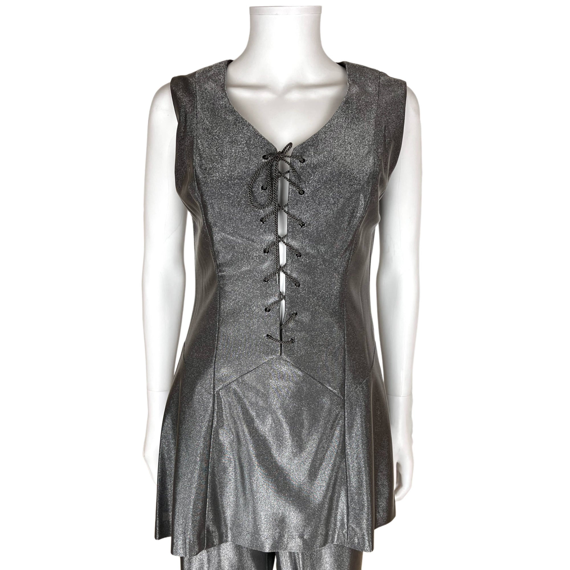 Vintage 1960s Pantsuit Shiny Grey Mini Dress & Pants Size M
