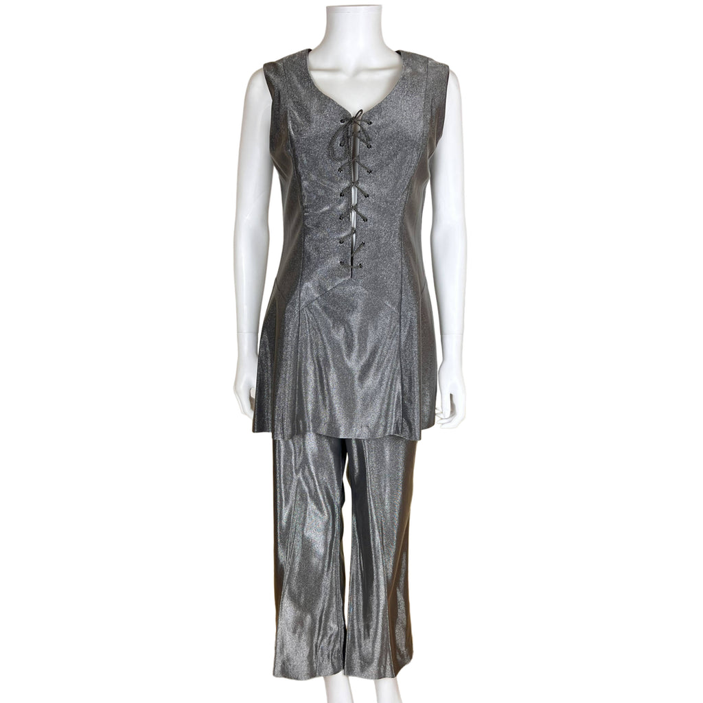 Vintage 1960s Pantsuit Shiny Grey Mini Dress & Pants Size M