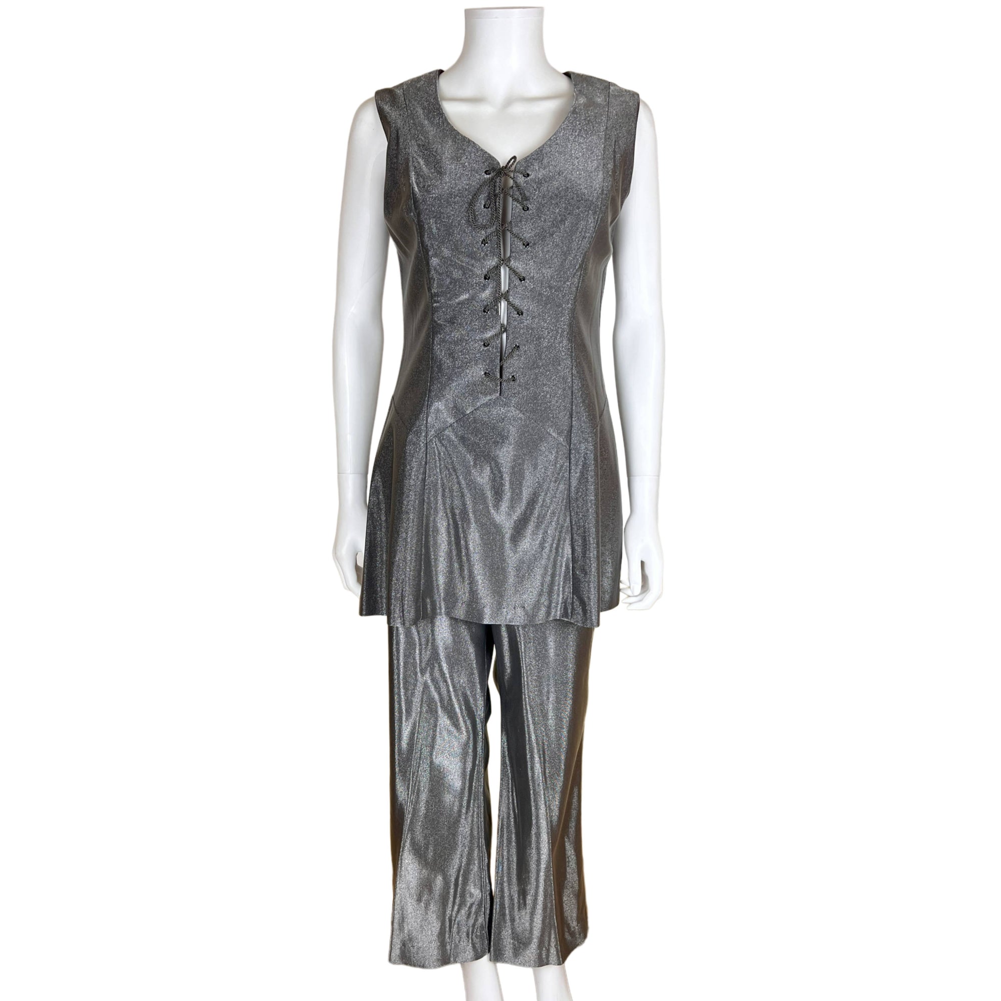 Vintage 1960s Pantsuit Shiny Grey Mini Dress & Pants Size M