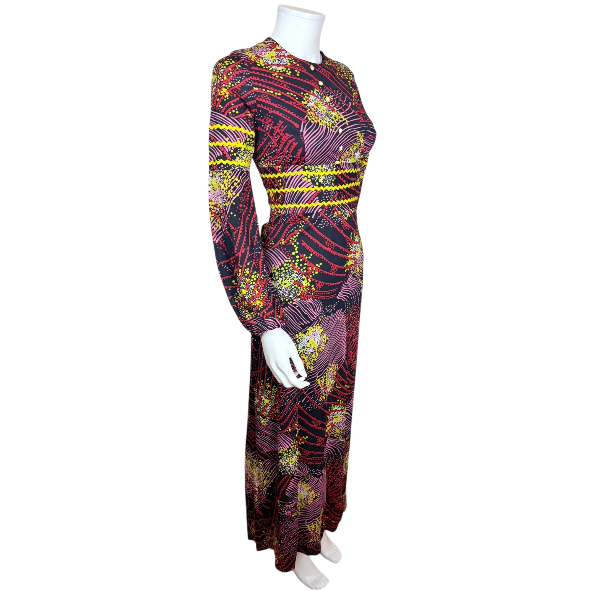 1960s 70s Vintage Maxi Dress Printed Polyester Jersey Size S XS