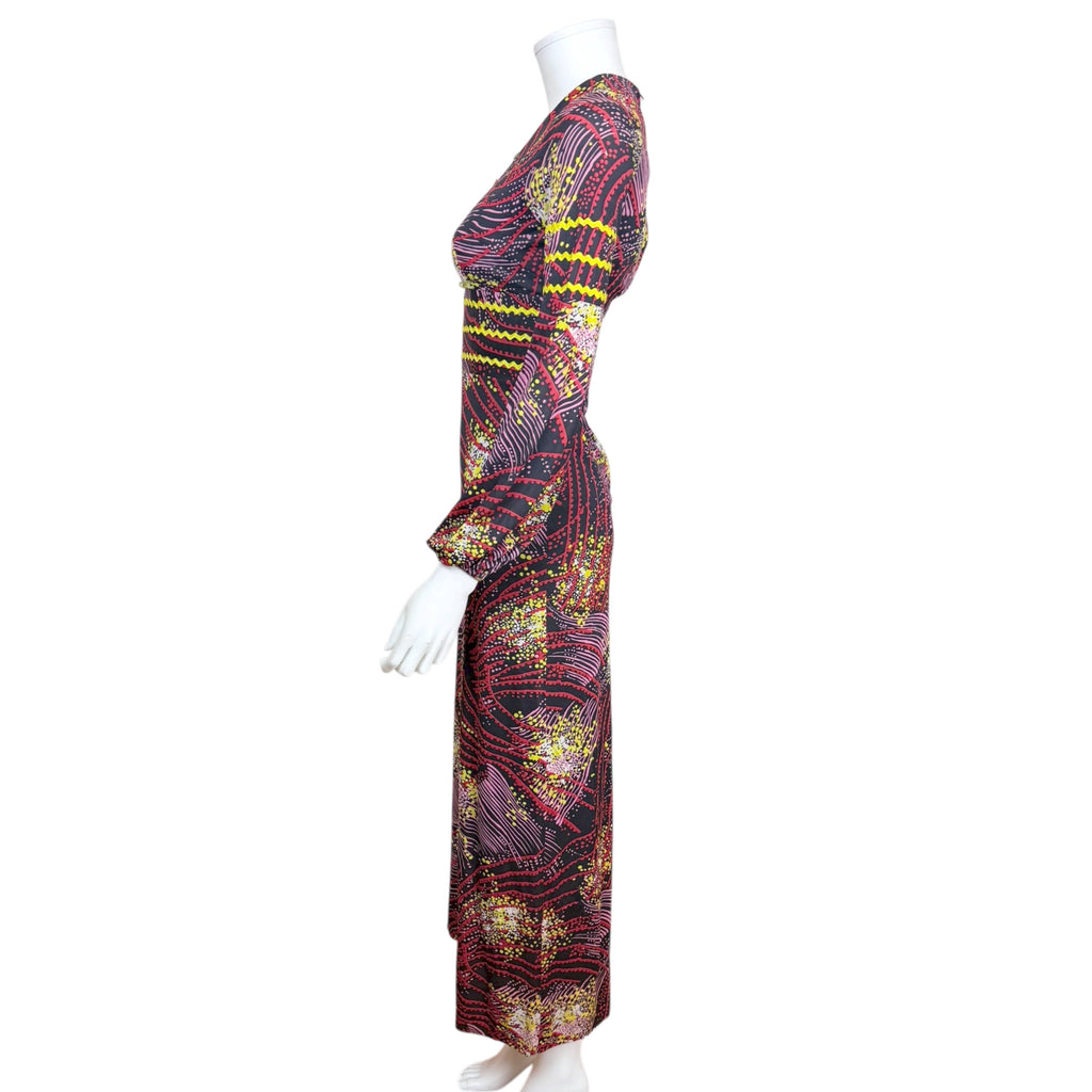 1960s 70s Vintage Maxi Dress Printed Polyester Jersey Size S XS