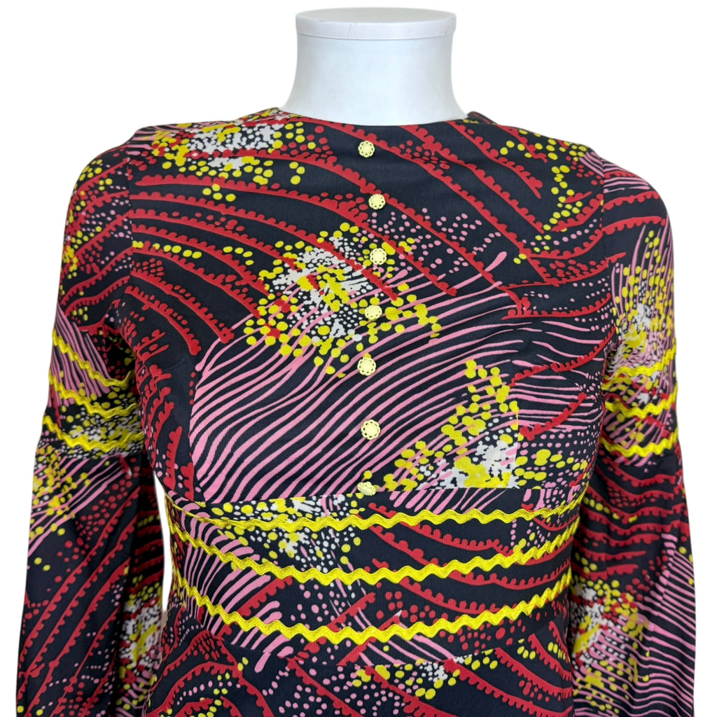 1960s 70s Vintage Maxi Dress Printed Polyester Jersey Size S XS