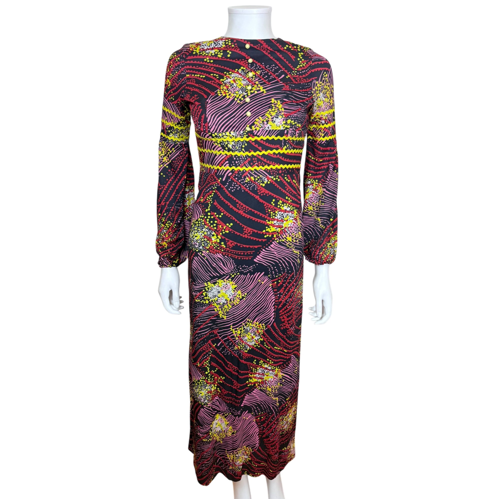 1960s 70s Vintage Maxi Dress Printed Polyester Jersey Size S XS 1960s 70s Vintage Maxi Dress Printed Polyester Jersey Size S XS