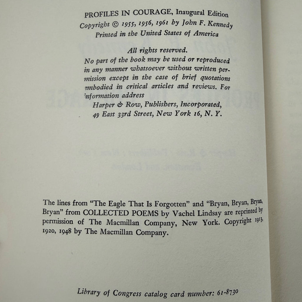 1961 Profiles in Courage Inaugural Edition copyright page showing Harper and Row publication details