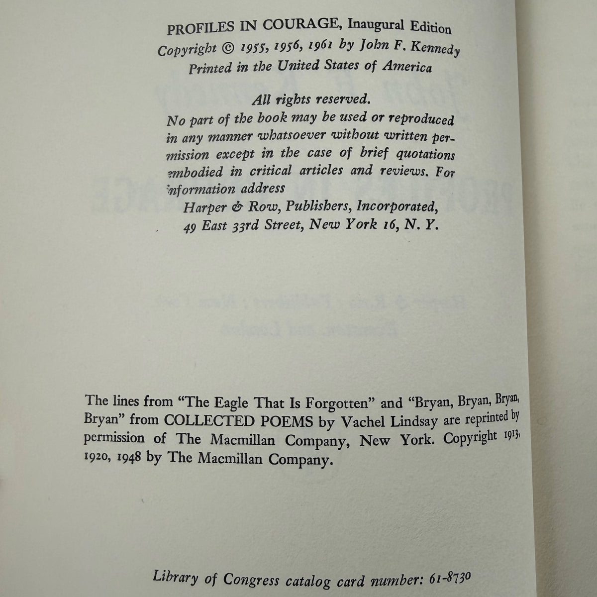 1961 Profiles in Courage Inaugural Edition copyright page showing Harper and Row publication details