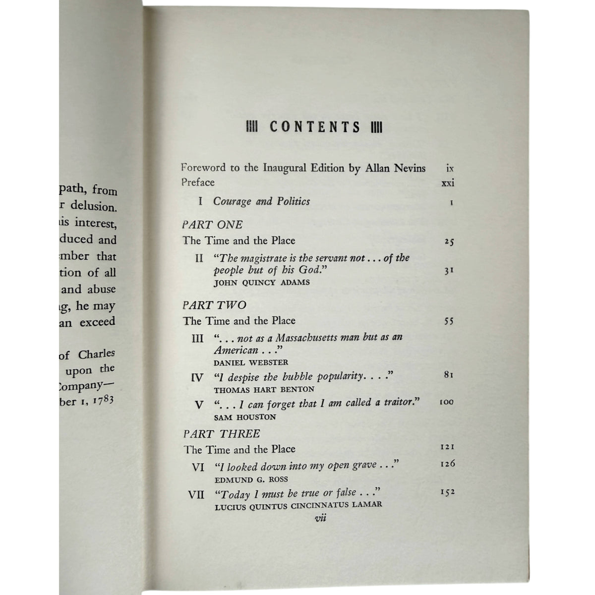 John F. Kennedy Profiles in Courage Inaugural Edition table of contents