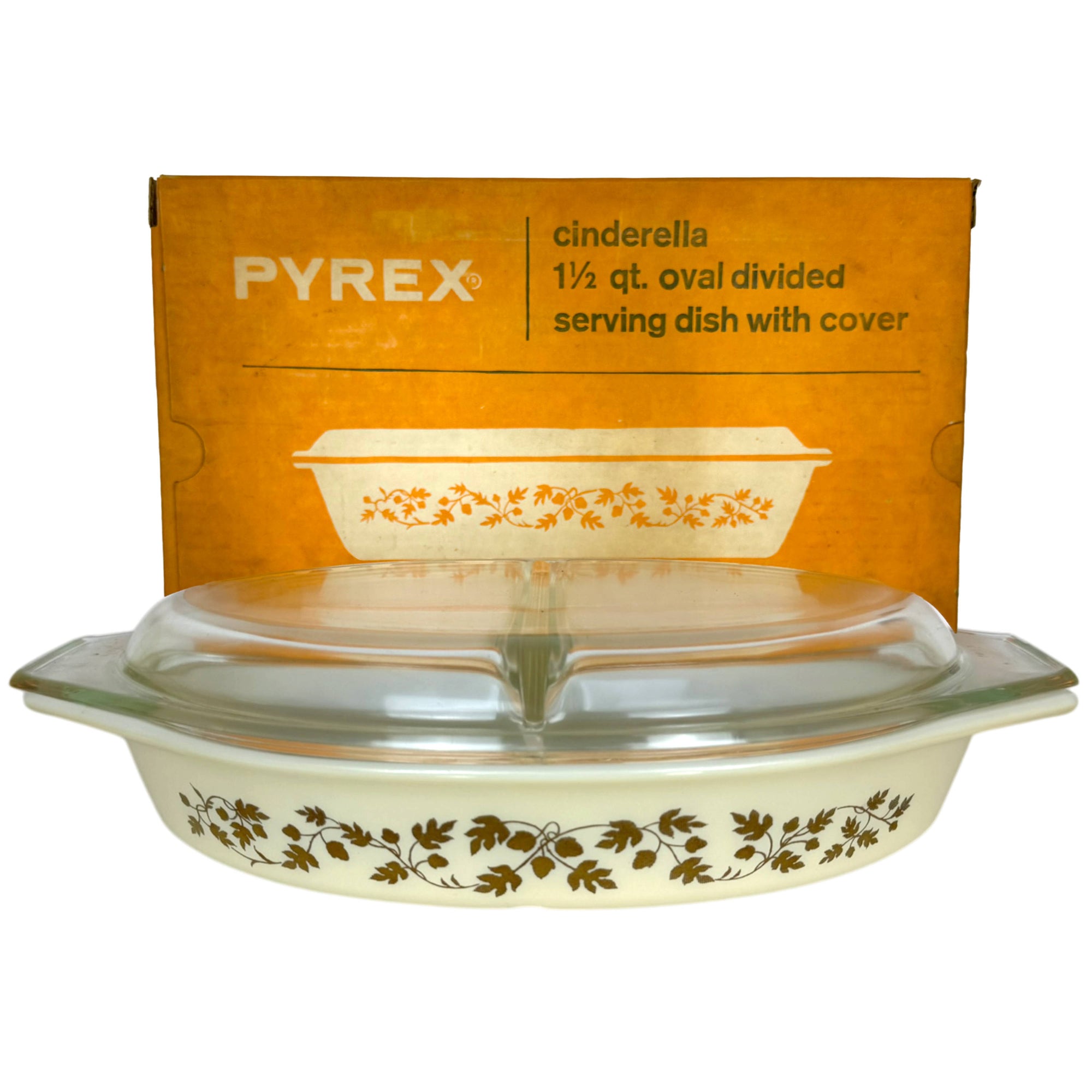 Vintage Pyrex Golden Acorn Cinderella Oval Divided Serving Dish with Cover 963 1.5 Quart w Box