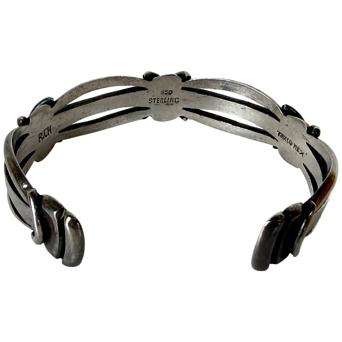 Back of Taxco 950 silver Modernist cuff bracelet showing openwork construction