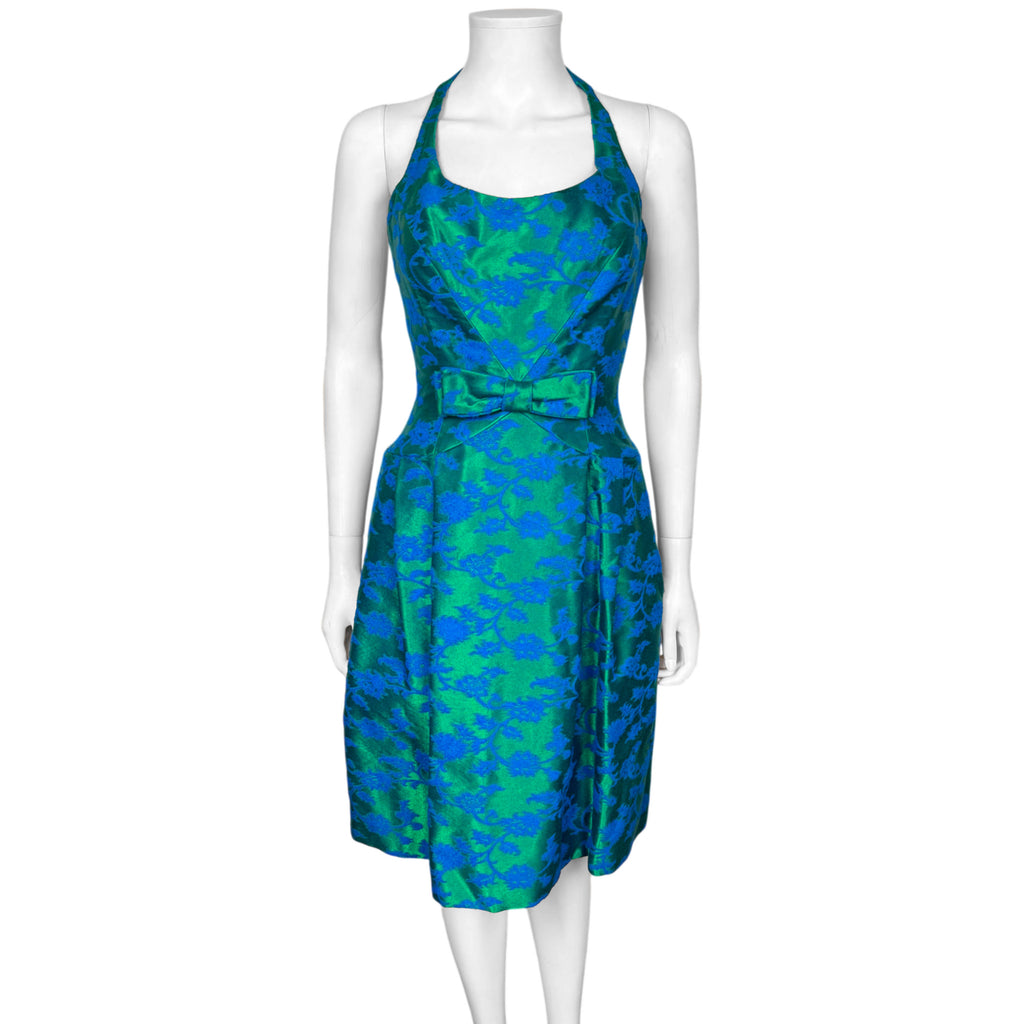 Vintage Rappi late 1950s early 1960s emerald-green and cobalt-blue floral brocade halter cocktail dress, front view