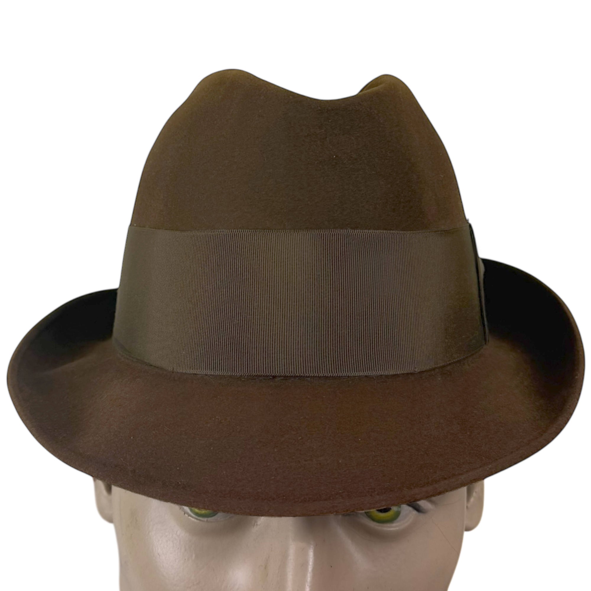 Mid century Resistol brown fur felt fedora front view with 2 inch brim