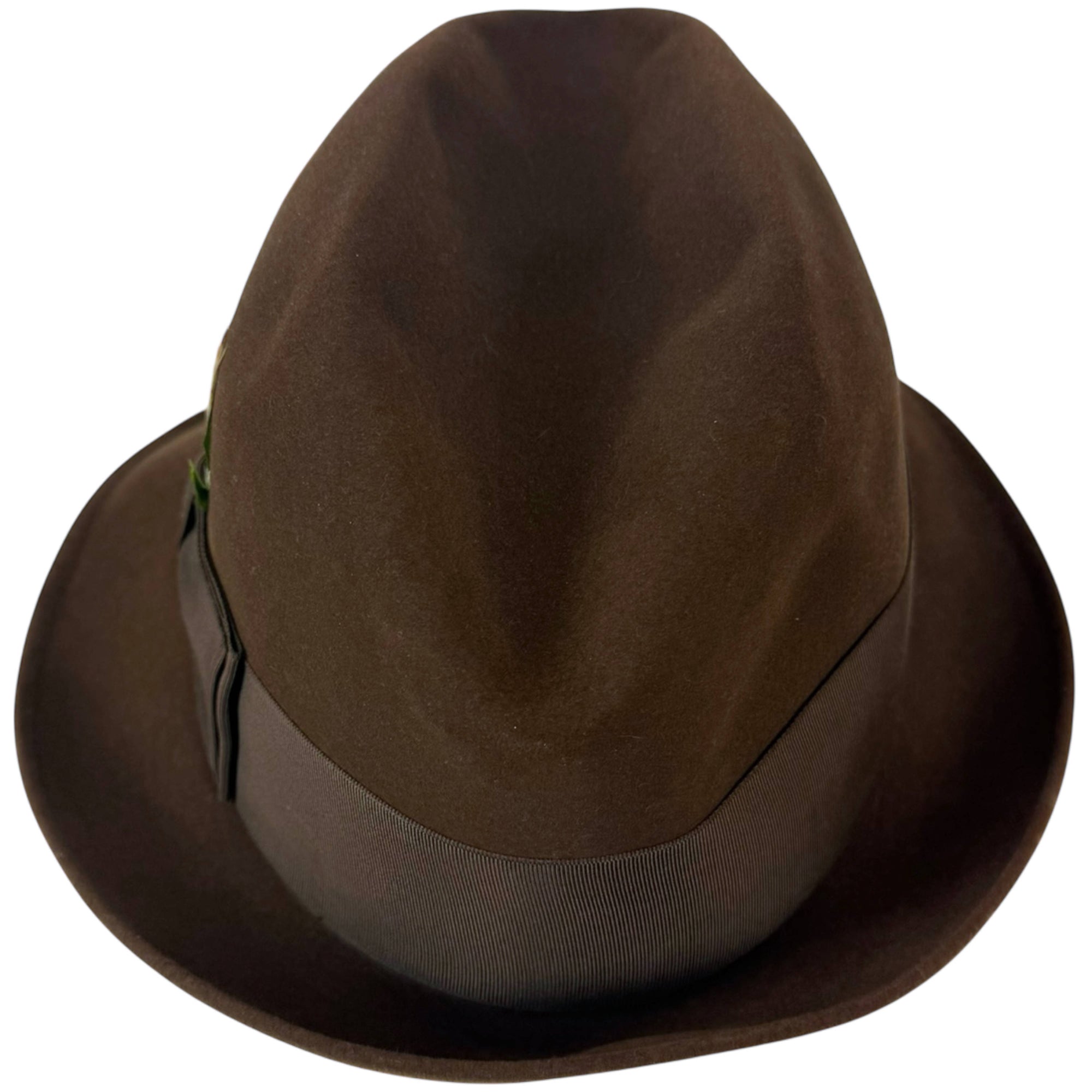Top view of vintage Resistol 990 brown fur felt fedora crown shaping from the rear