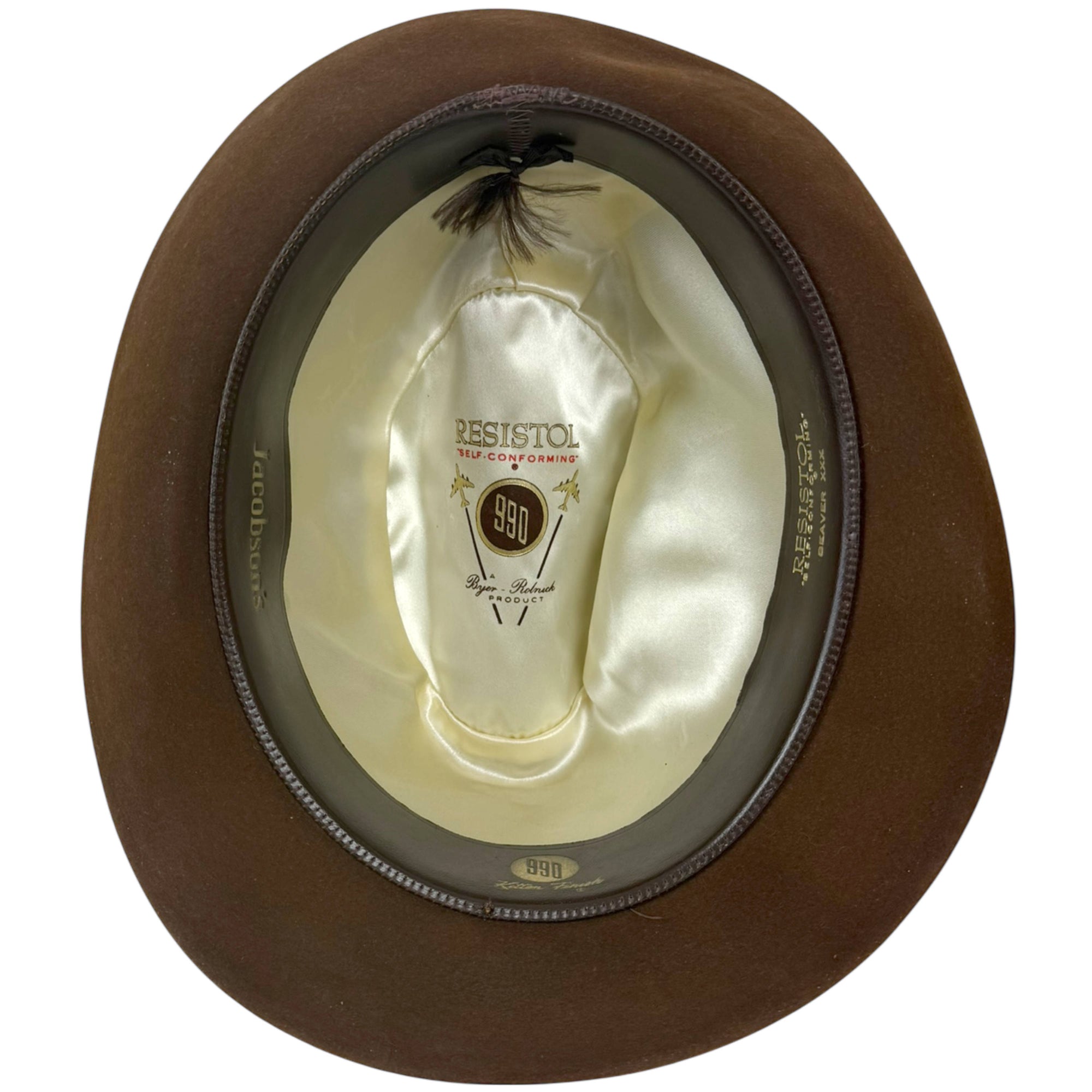 Interior of Resistol 990 Beaver XXX fedora showing satin liner and sweatband