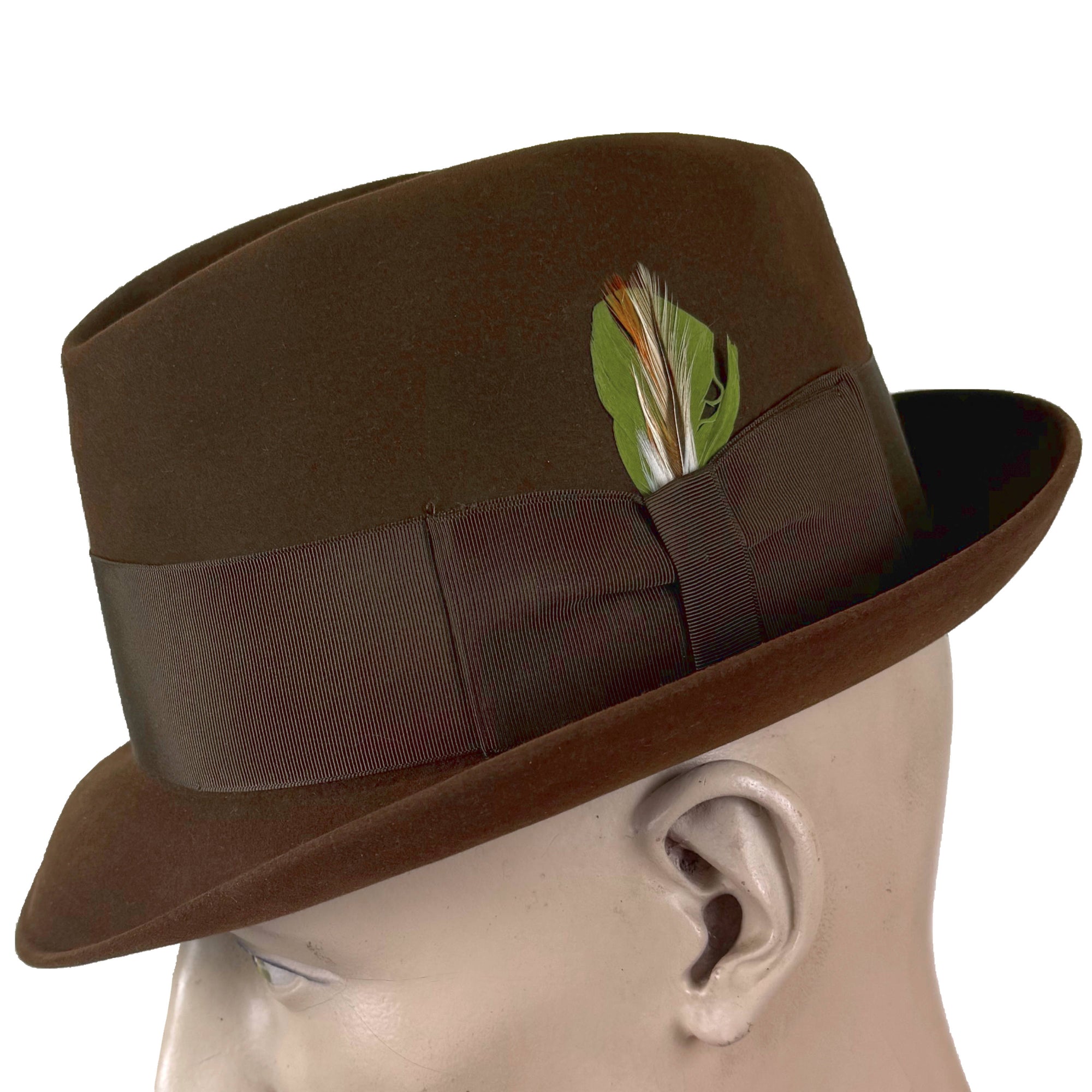 Vintage Resistol 990 Beaver XXX brown fedora side view with grosgrain ribbon and feather