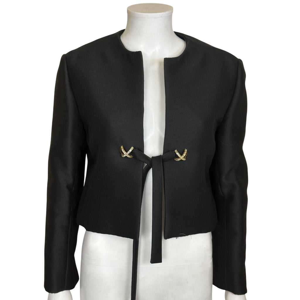Vintage black silk cropped evening jacket rhinestone closure 1960s cocktail jacket