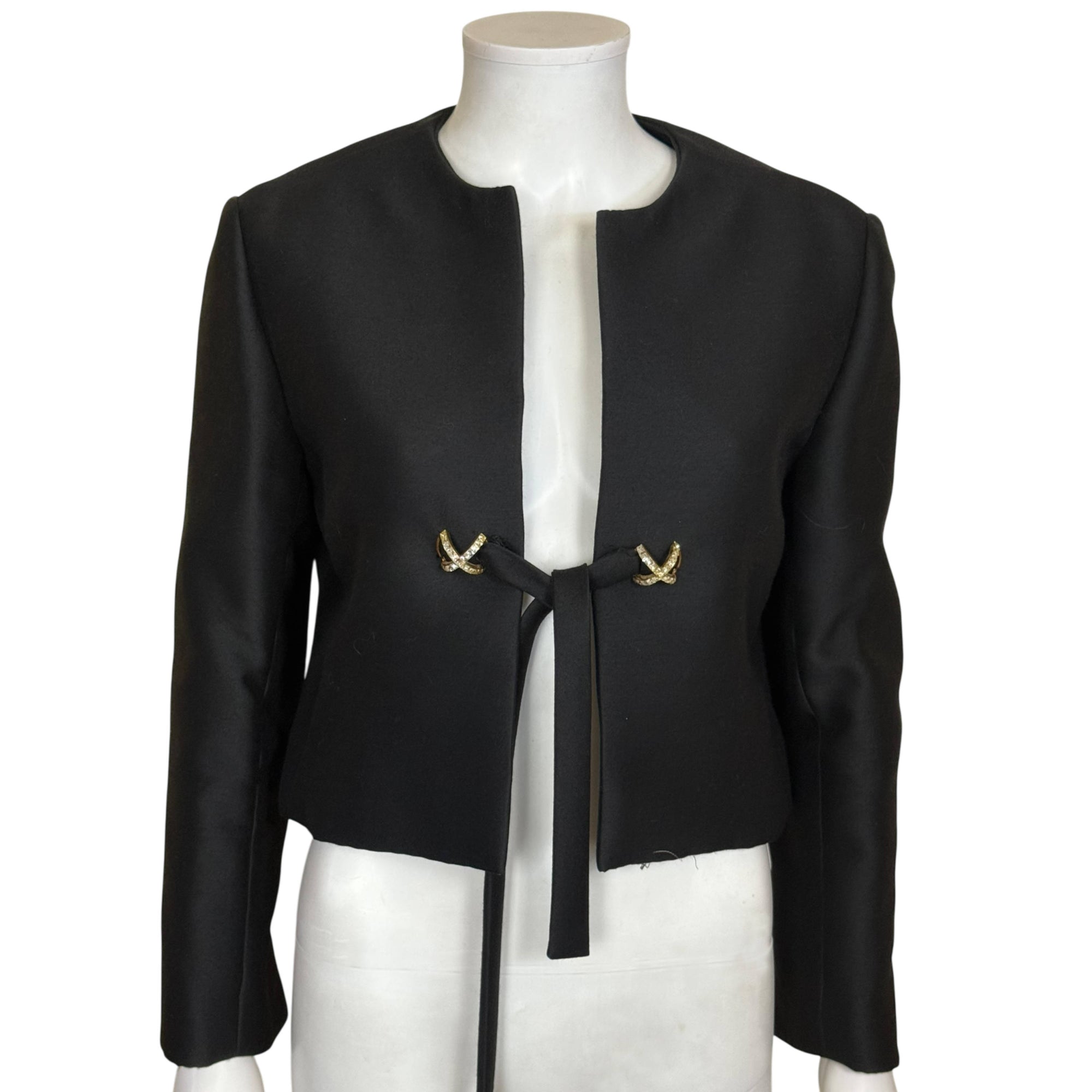 Vintage black silk cropped evening jacket rhinestone closure 1960s cocktail jacket