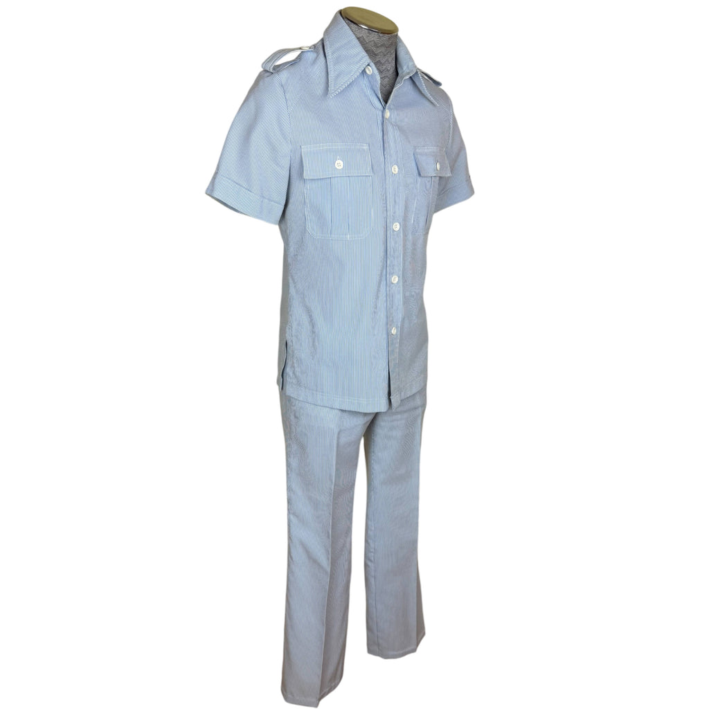 1970s men's seersucker leisure suit with safari-style shirt jacket