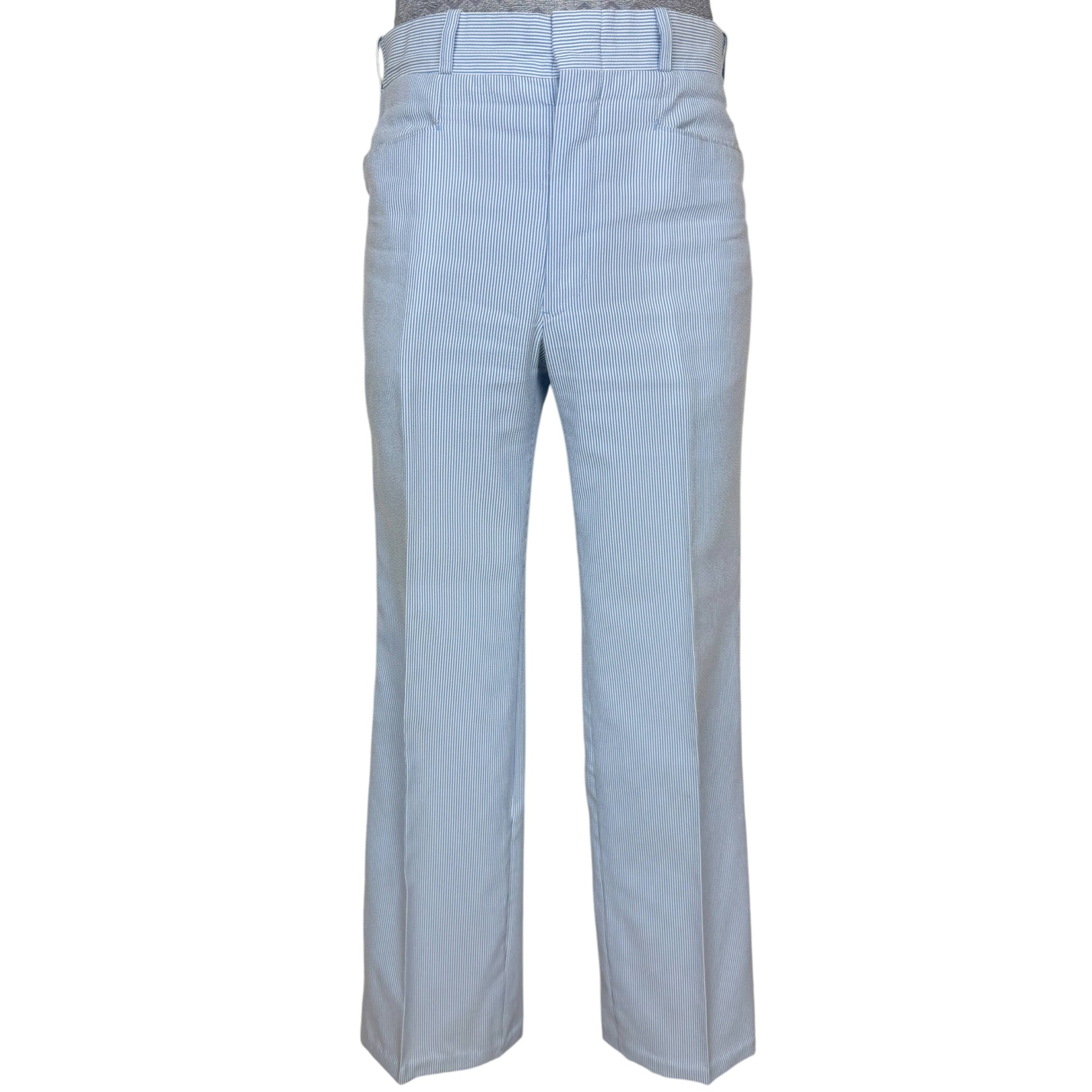 Matching blue and white seersucker flared trousers front