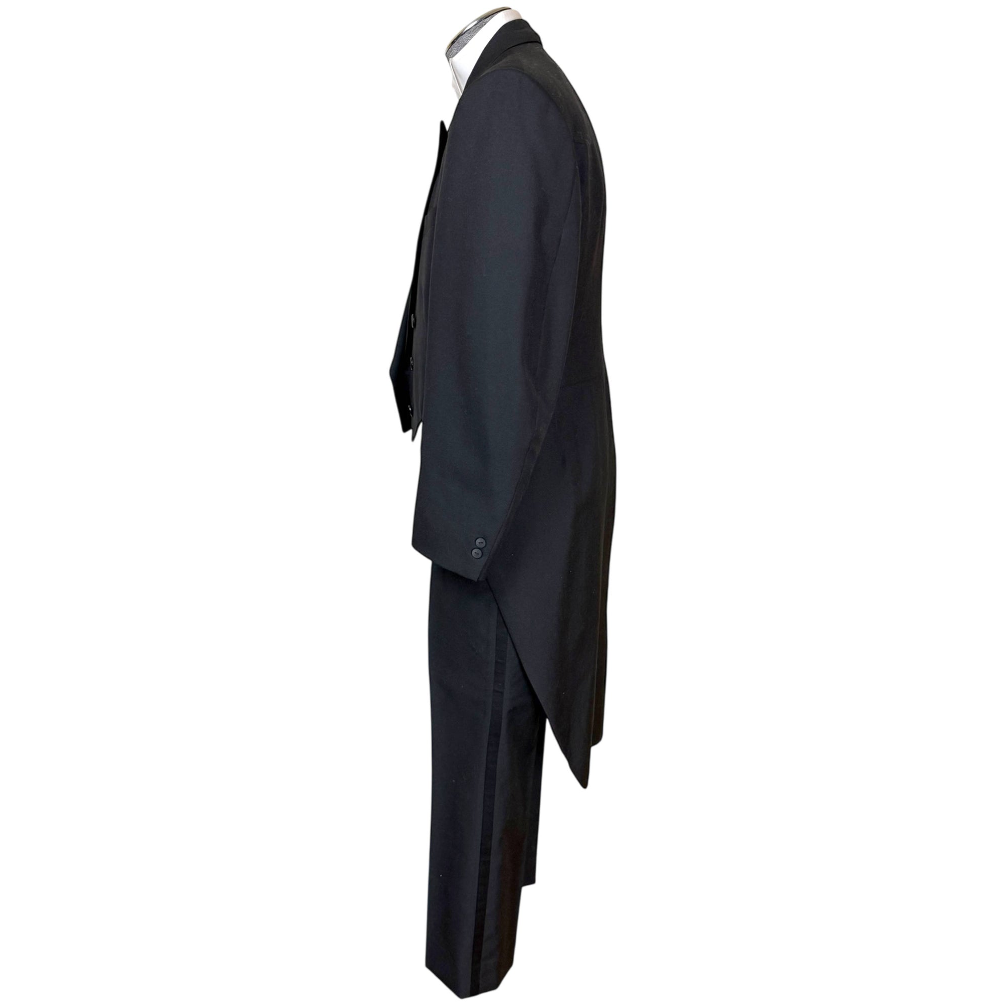 vintage black tails tuxedo suit side view
