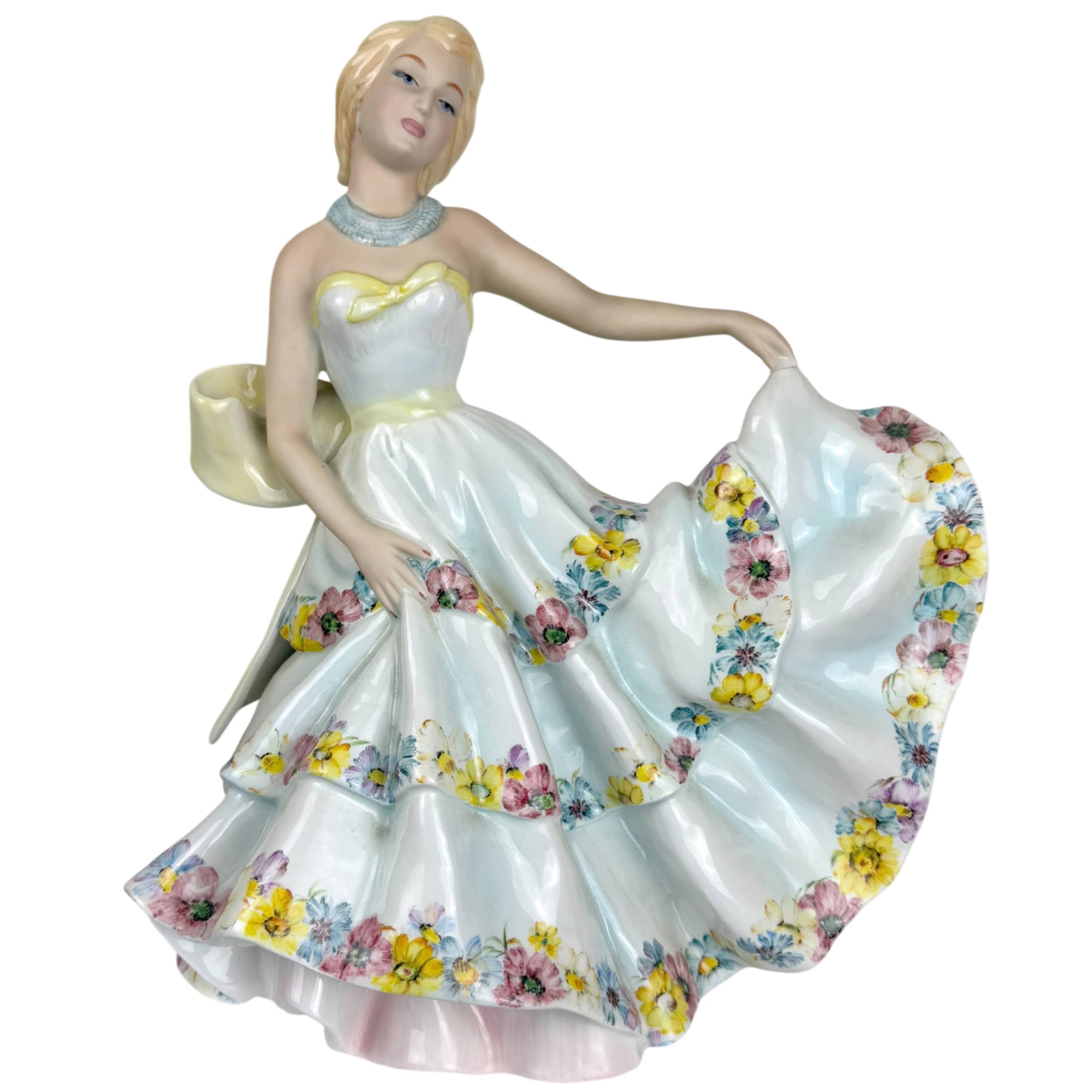 Large Vintage 1950s Ronzan Italian Ceramic Lady Figurine Floral Ball Gown Giovanni Ronzan 15”