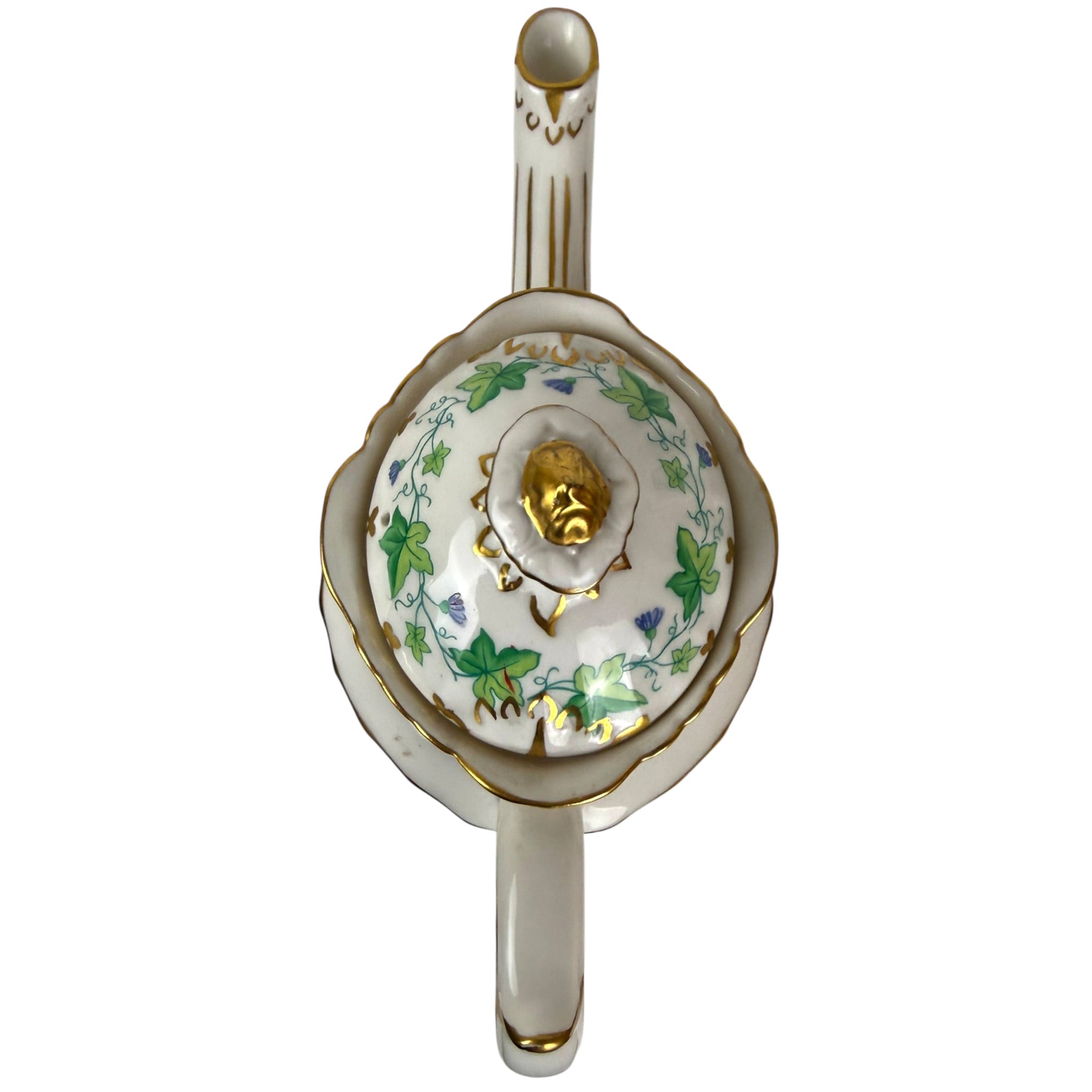 Top view showing lid and finial of royal crown derby medway coffee pot
