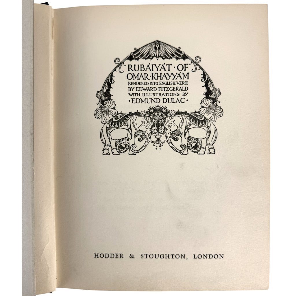 A vintage book page from 'Rubaiyat of Omar Khayyam' showing the title page with ornate black decorative typography on aged cream paper, with 'HODDER & STOUGHTON, LONDON' printed at the bottom.
