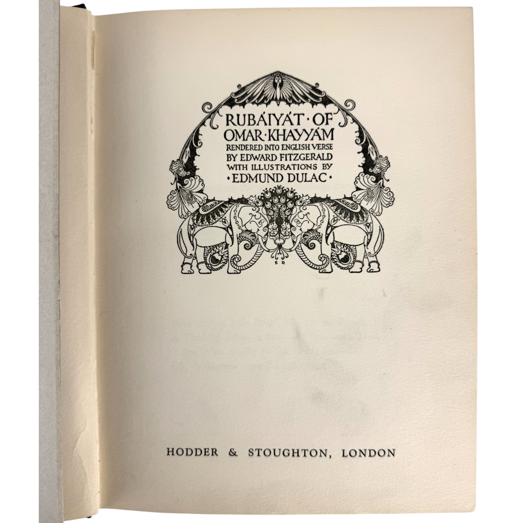 A vintage book page from 'Rubaiyat of Omar Khayyam' showing the title page with ornate black decorative typography on aged cream paper, with 'HODDER & STOUGHTON, LONDON' printed at the bottom.
