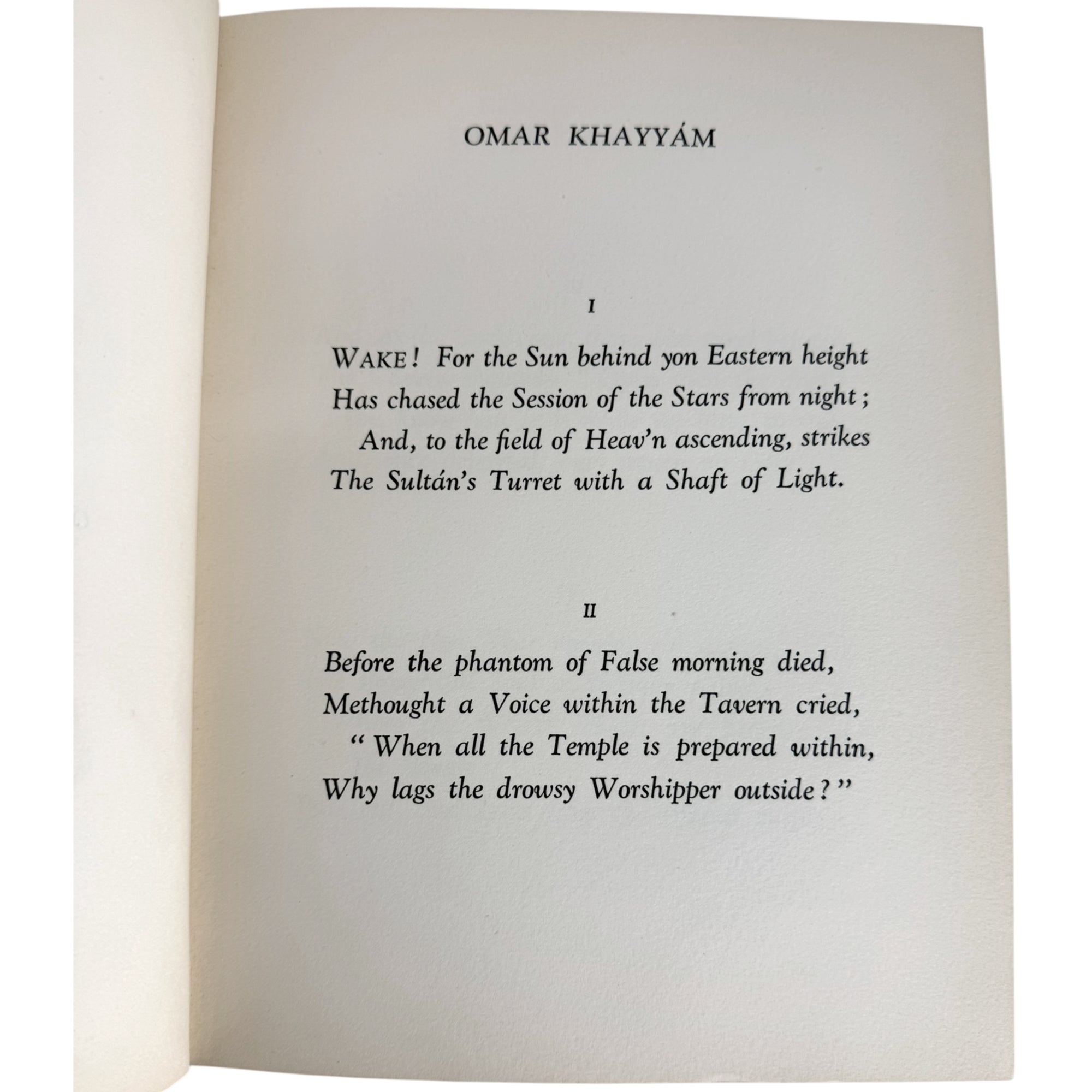 A printed book page showing the poem 'Wake!' by Omar Khayyâm, with black serif text on an off-white page.