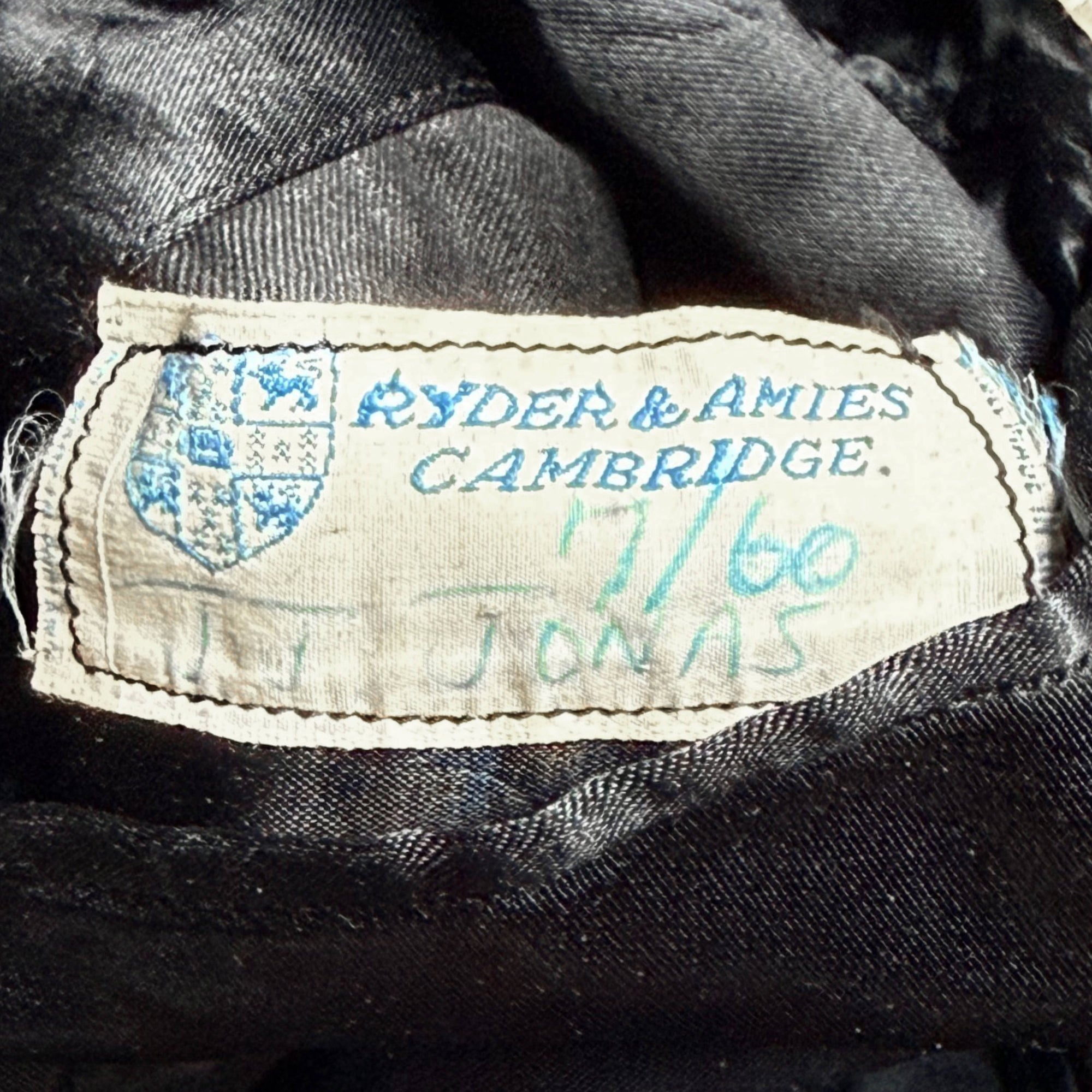 Ryder & Amies Cambridge tailor label dated July 1960 bespoke tailcoat