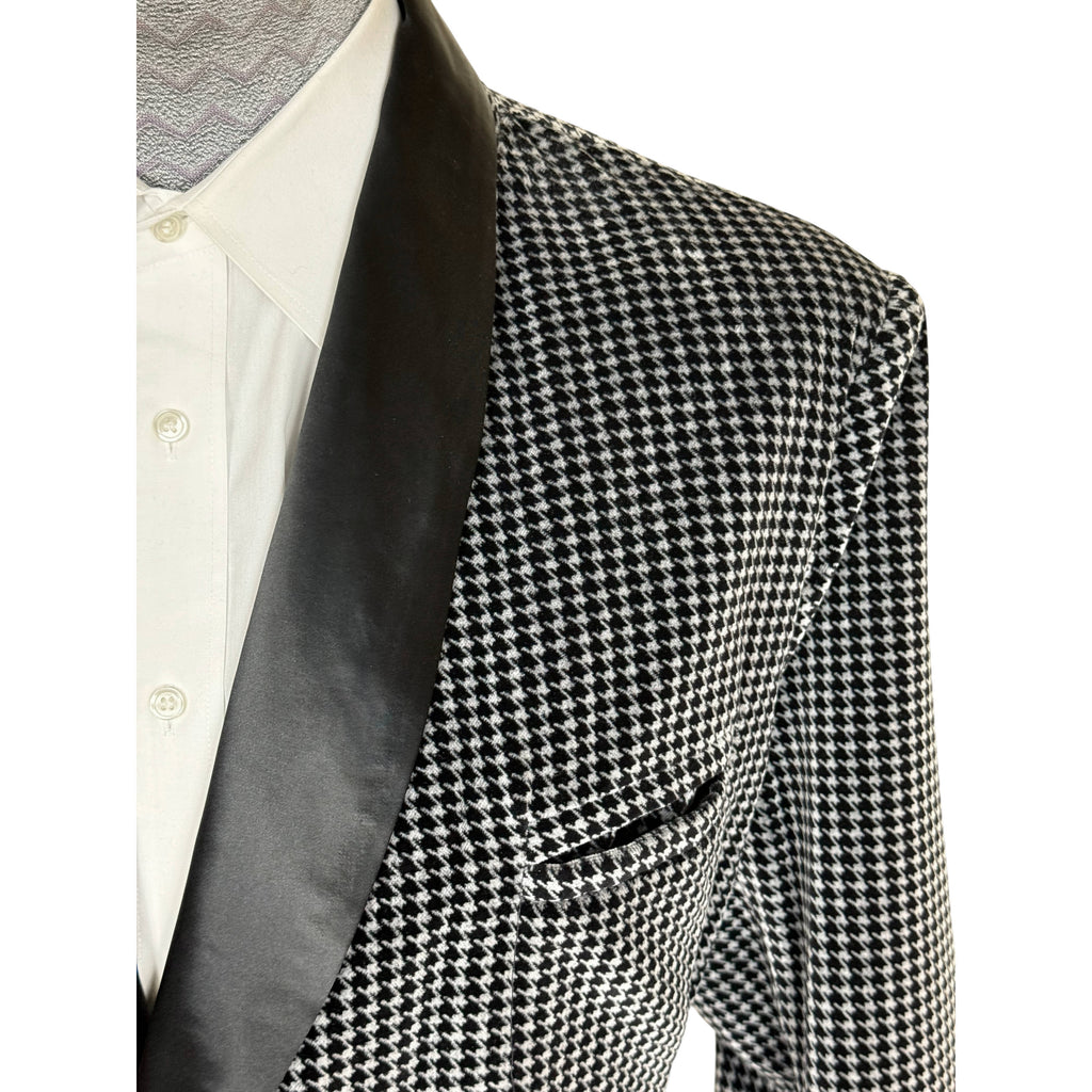 Black satin shawl collar on vintage Saks Fifth Avenue houndstooth smoking jacket