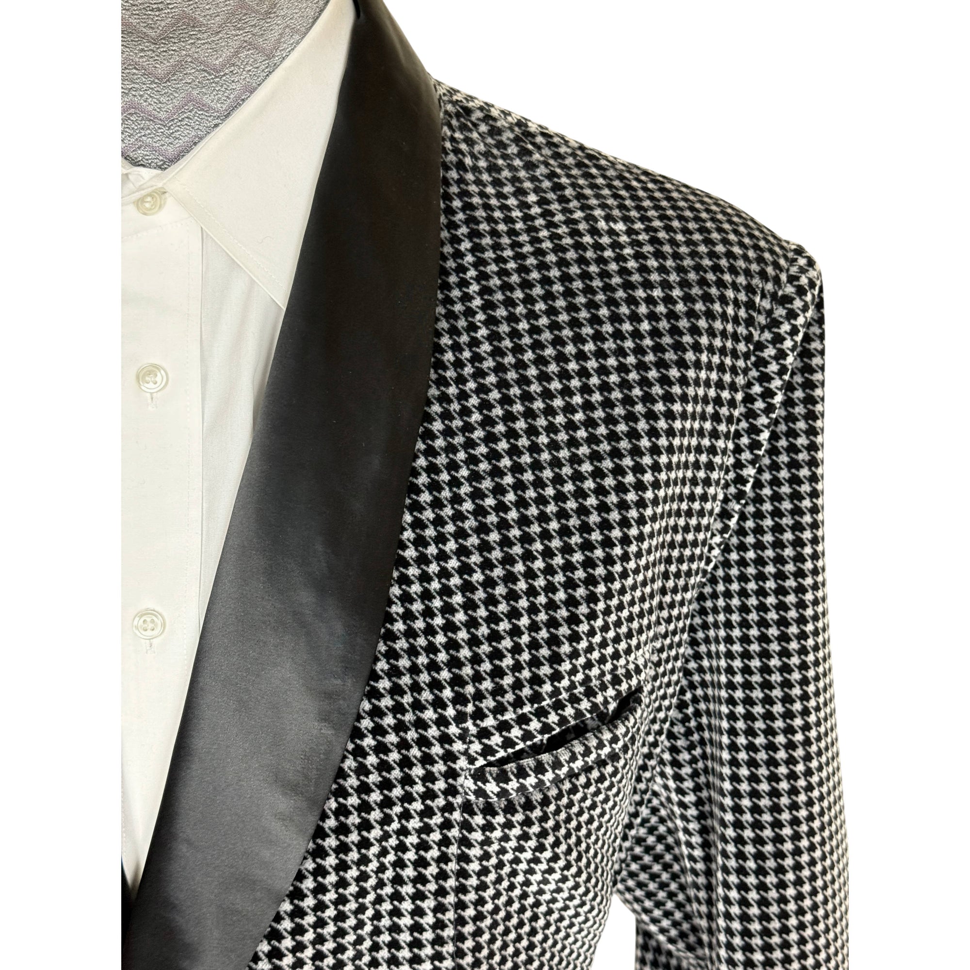Black satin shawl collar on vintage Saks Fifth Avenue houndstooth smoking jacket