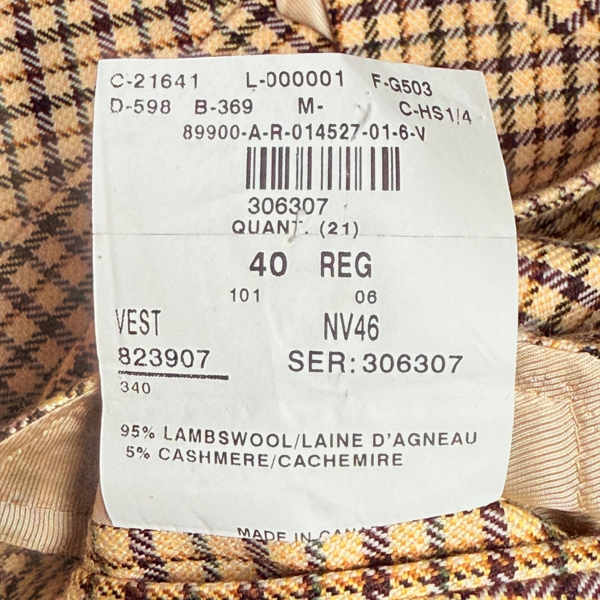 Vintage Men’s Vest Samuelsohn Wool & Cashmere Made in Canada Size 40