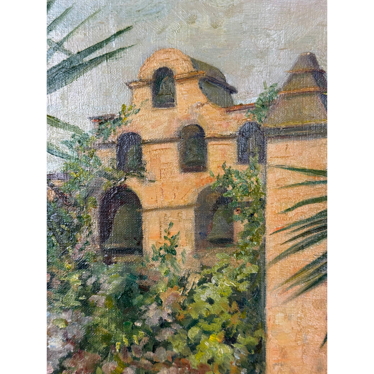 Mission San Gabriel architecture and garden oil painting