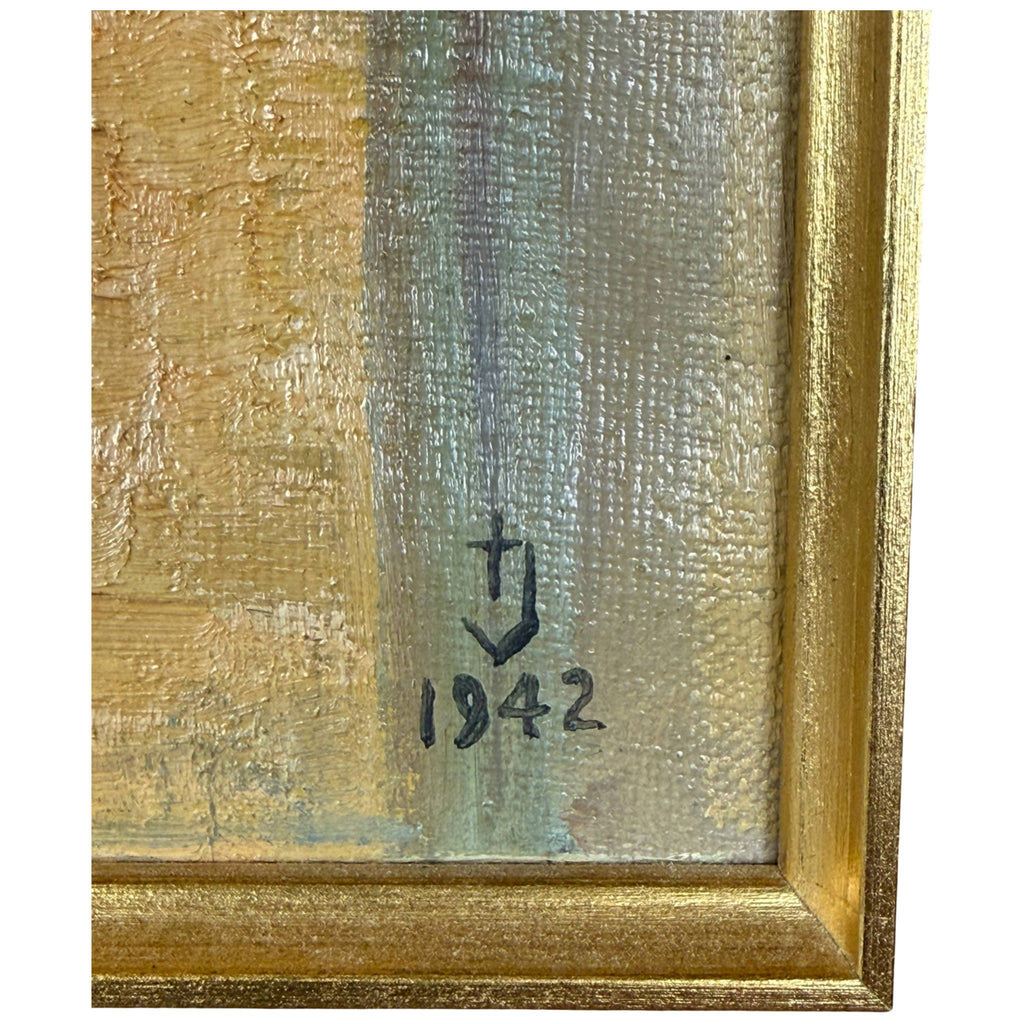 1942 date and cross monogram on Mission San Gabriel painting