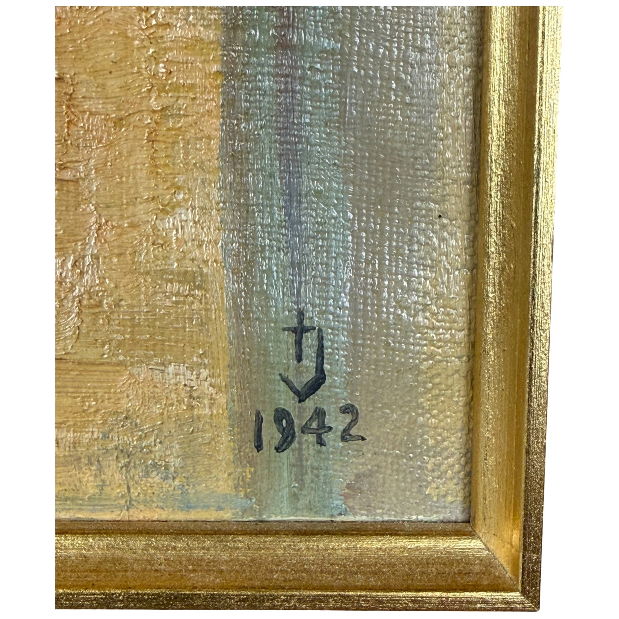 1942 date and cross monogram on Mission San Gabriel painting