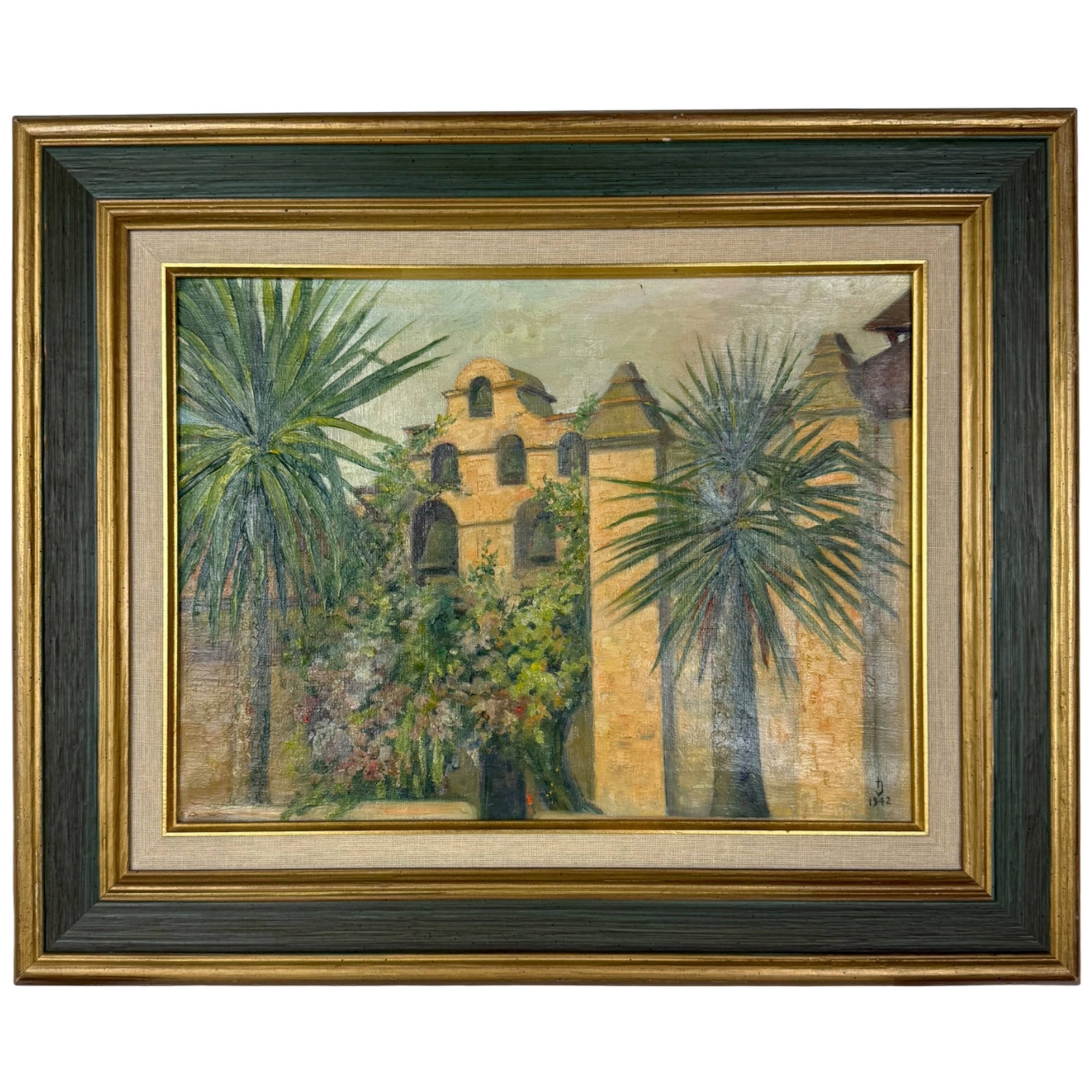 1942 Mission San Gabriel California oil painting framed