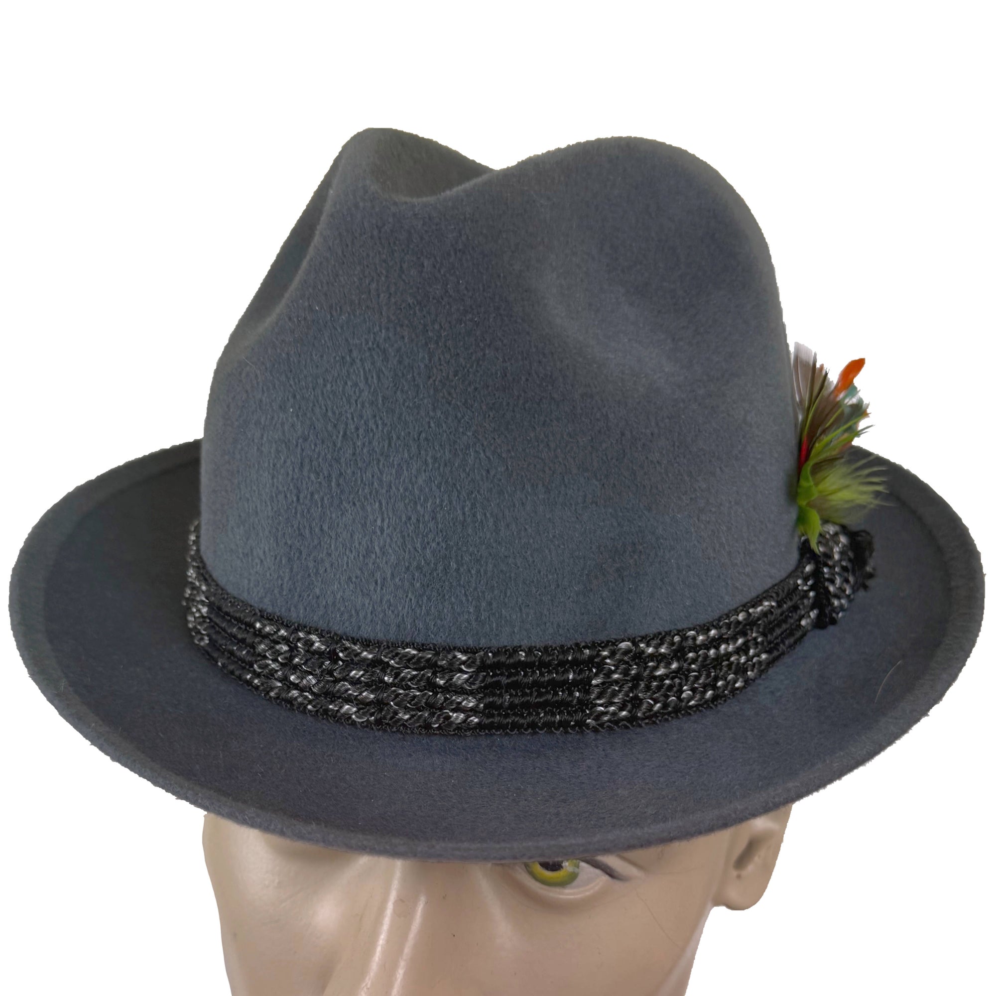 Front view blue grey mid-century fur felt fedora with stitched brim edge