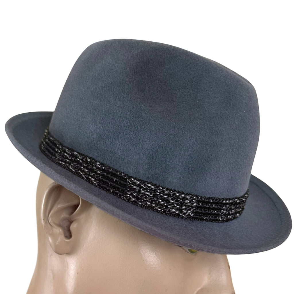 Side view vintage Canadian blue grey fedora with structured crown