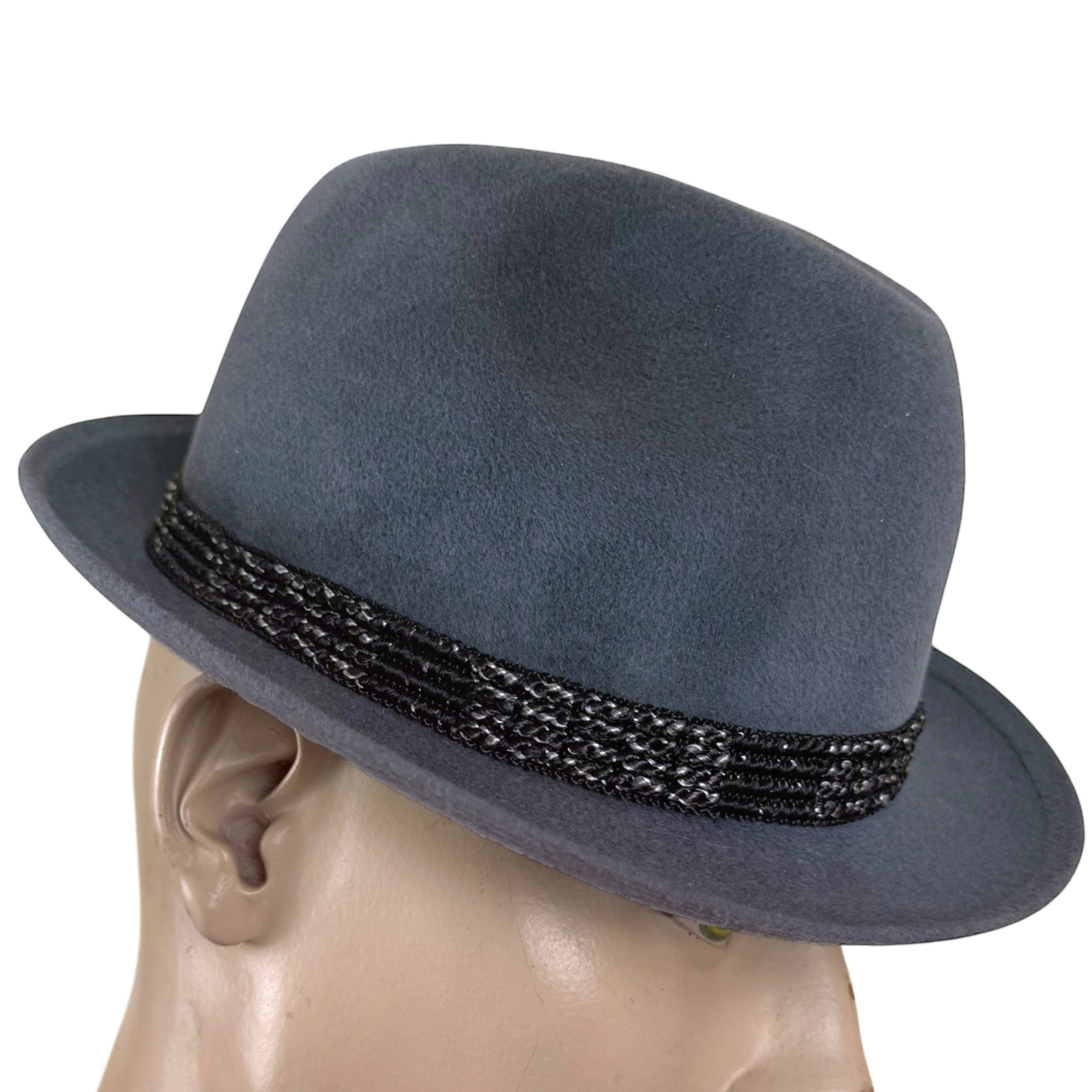Side view vintage Canadian blue grey fedora with structured crown