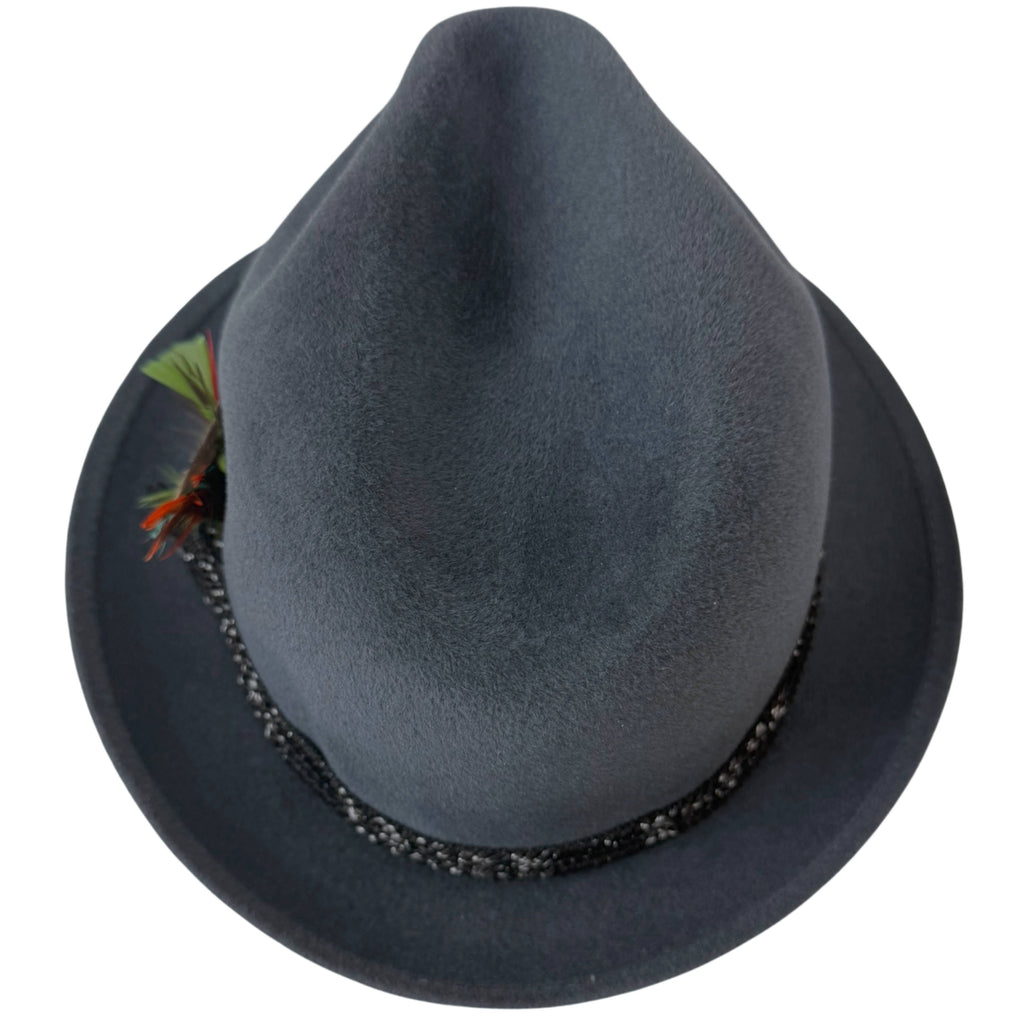 Top view blue grey fur felt fedora showing crown contour