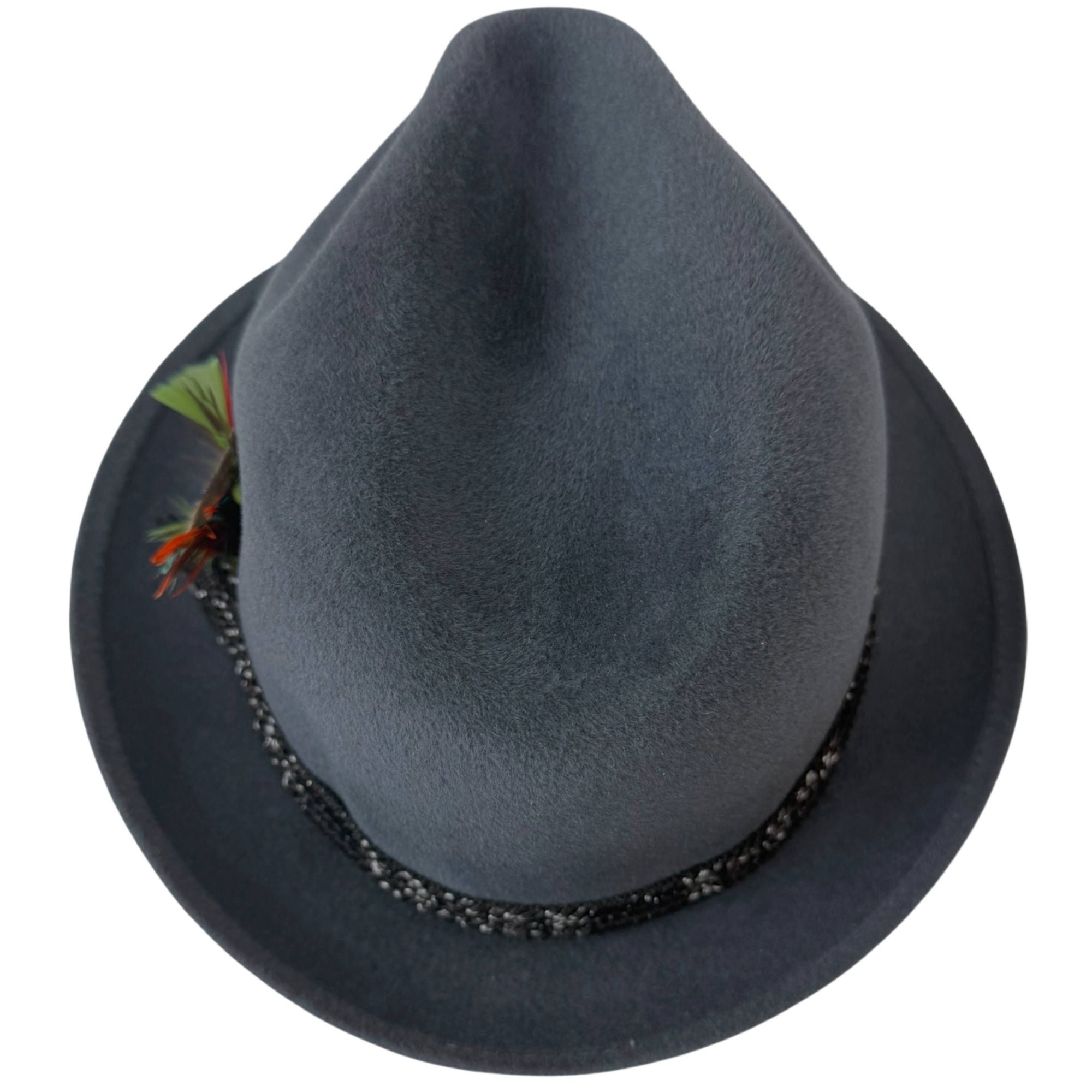 Top view blue grey fur felt fedora showing crown contour