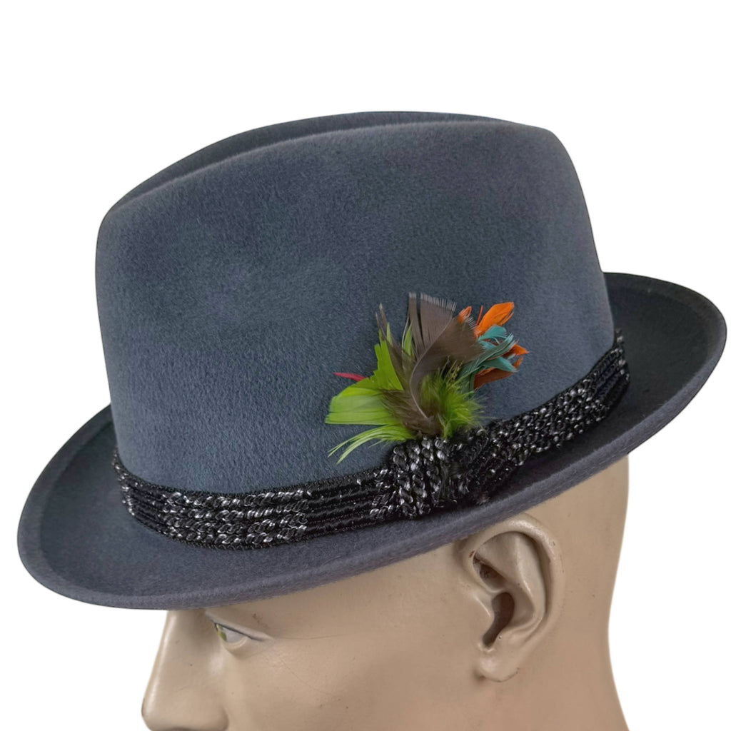 Blue grey vintage fur felt fedora size 7 with woven black hatband and feather accent