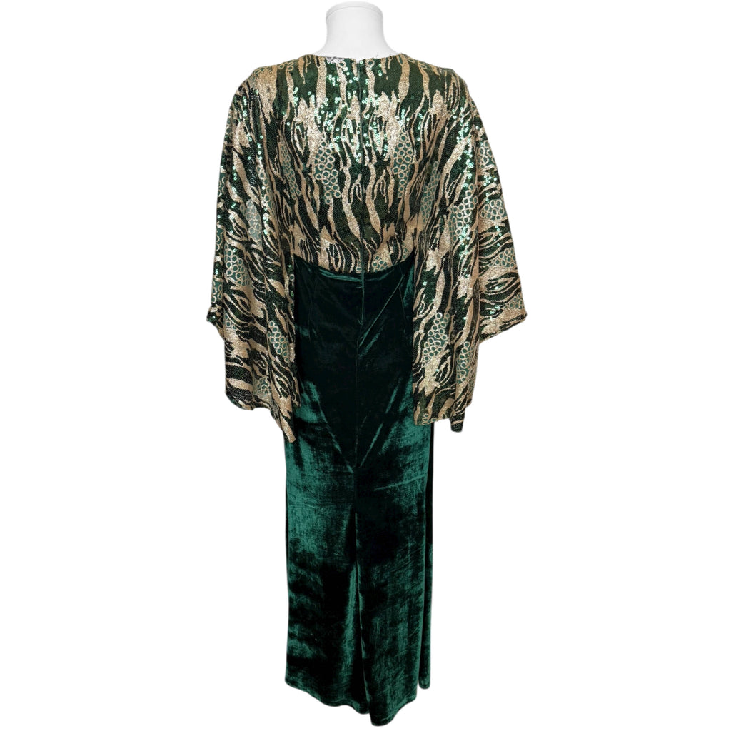 Vintage Evening Dress Green Velvet with Sequinned Bodice and Wing Sleeves Size M