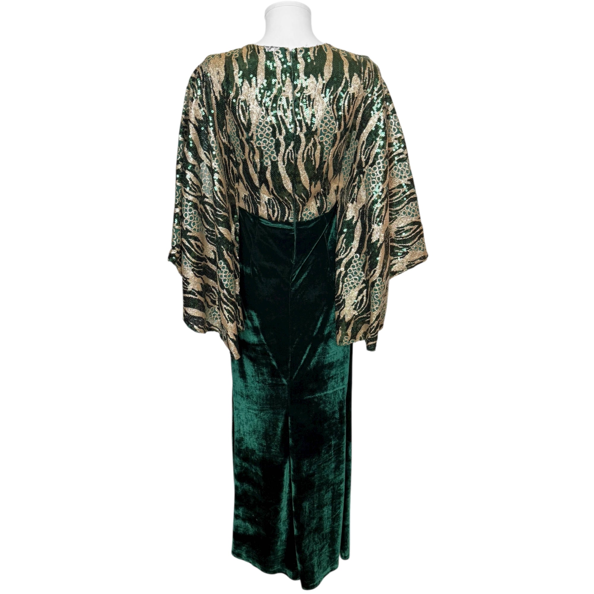 Vintage Evening Dress Green Velvet with Sequinned Bodice and Wing Sleeves Size M