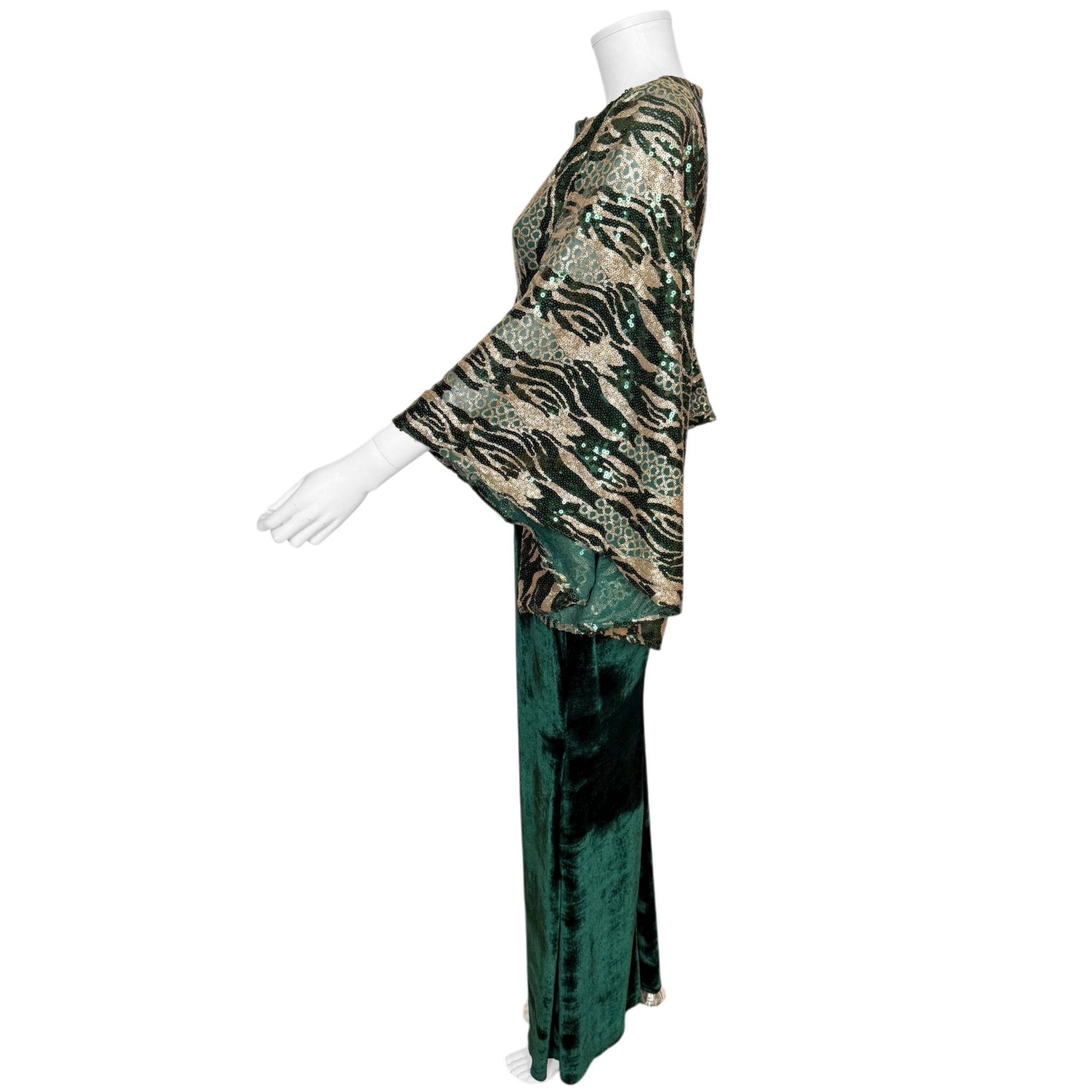 Vintage Evening Dress Green Velvet with Sequinned Bodice and Wing Sleeves Size M