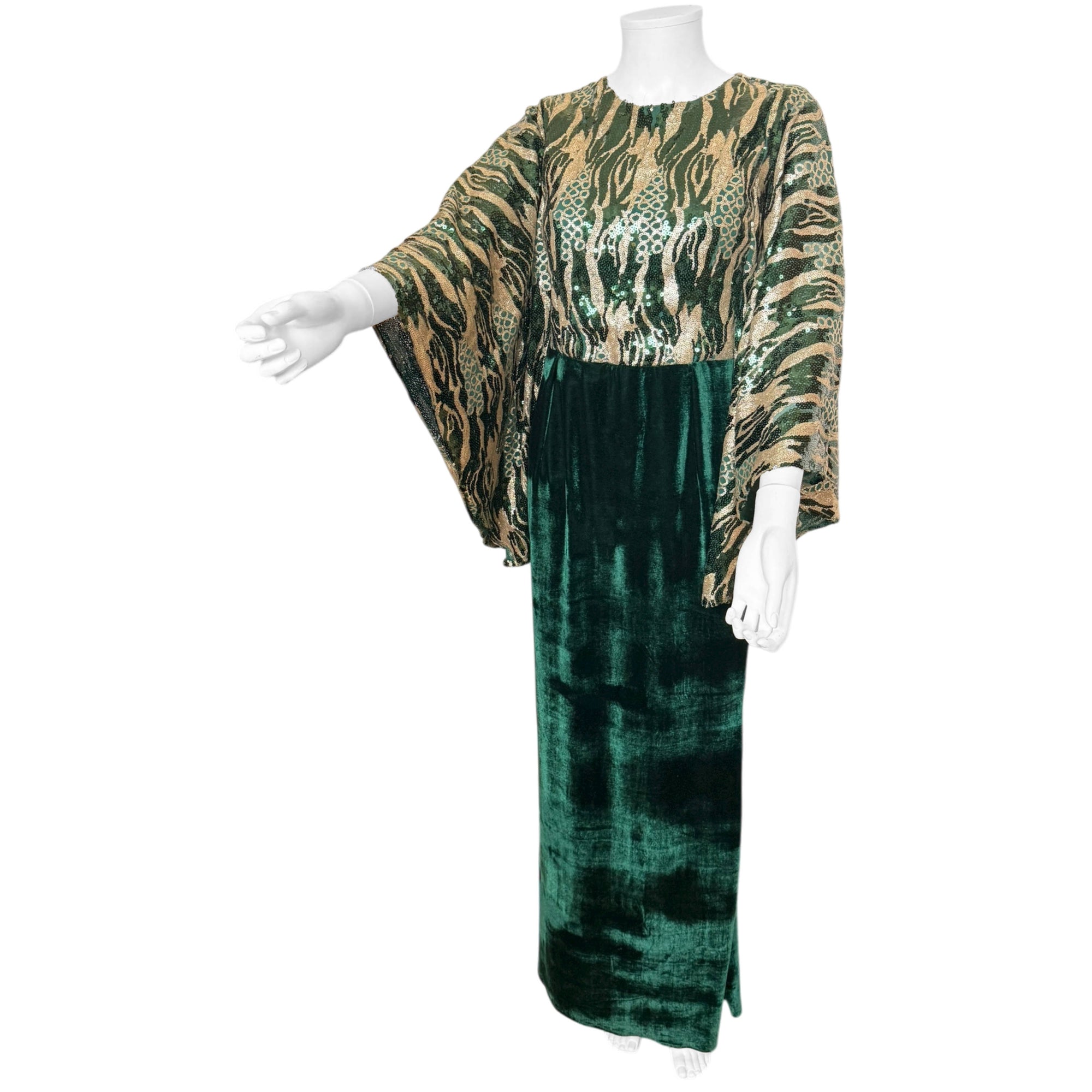 Vintage Evening Dress Green Velvet with Sequinned Bodice and Wing Sleeves Size M