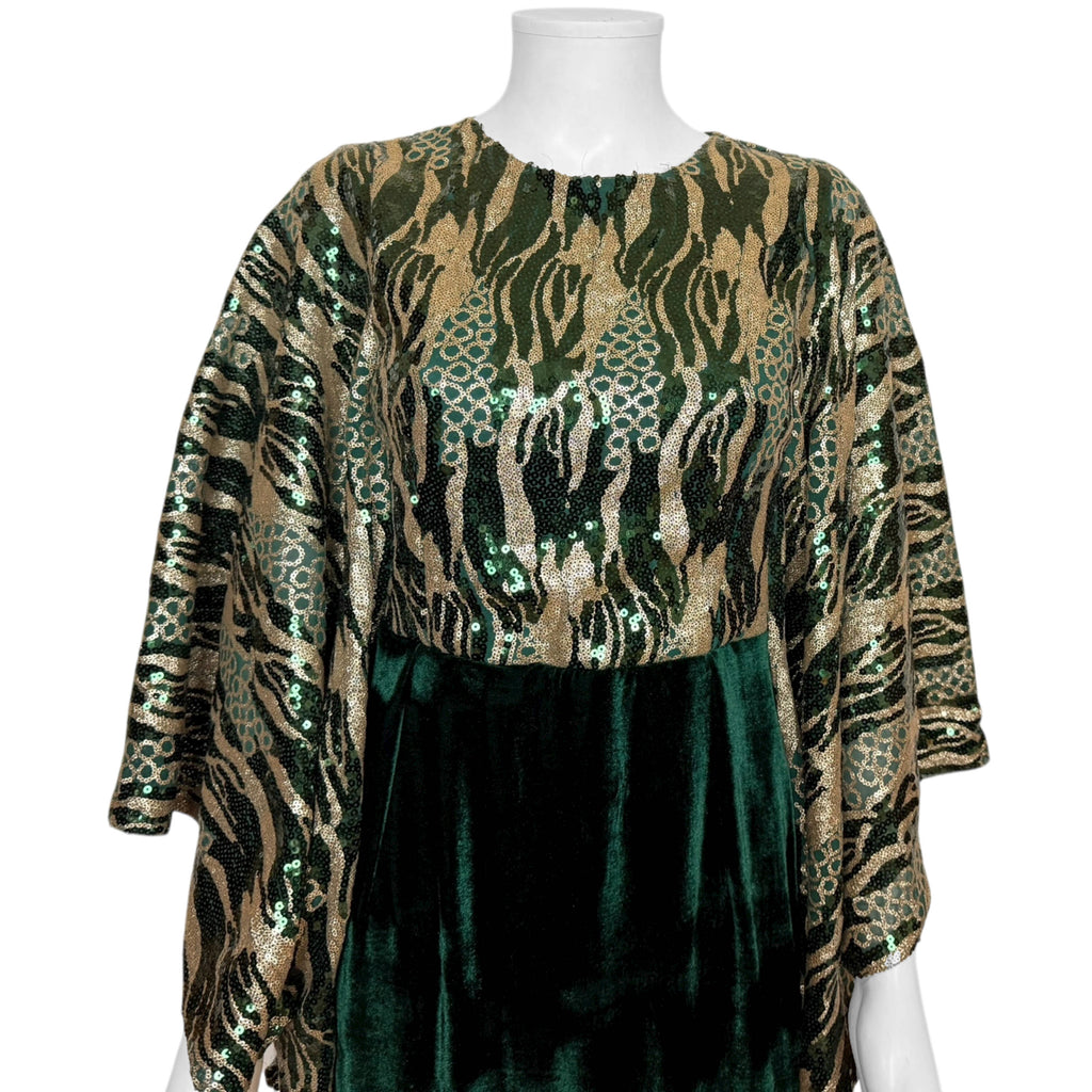 Vintage Evening Dress Green Velvet with Sequinned Bodice and Wing Sleeves Size M