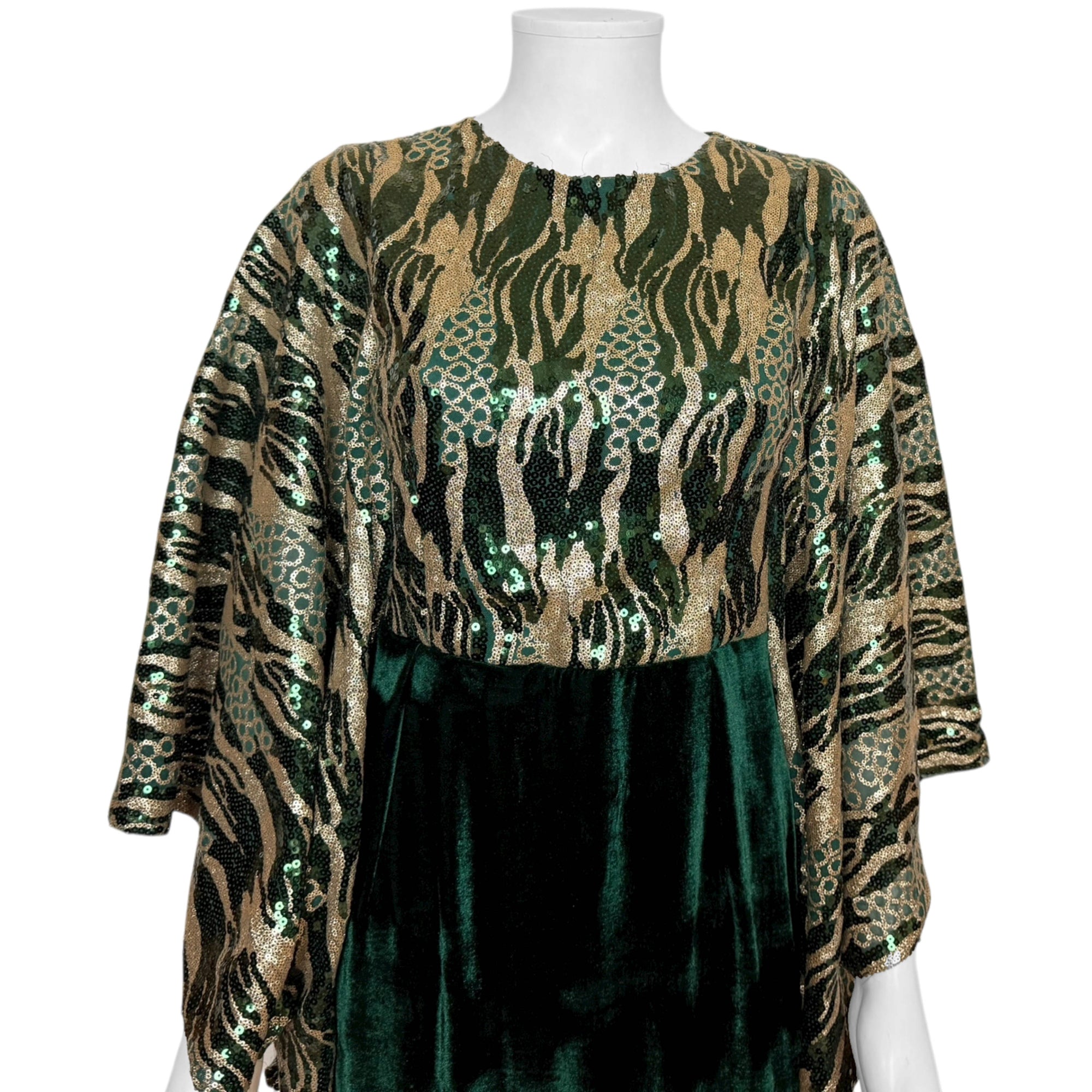 Vintage Evening Dress Green Velvet with Sequinned Bodice and Wing Sleeves Size M