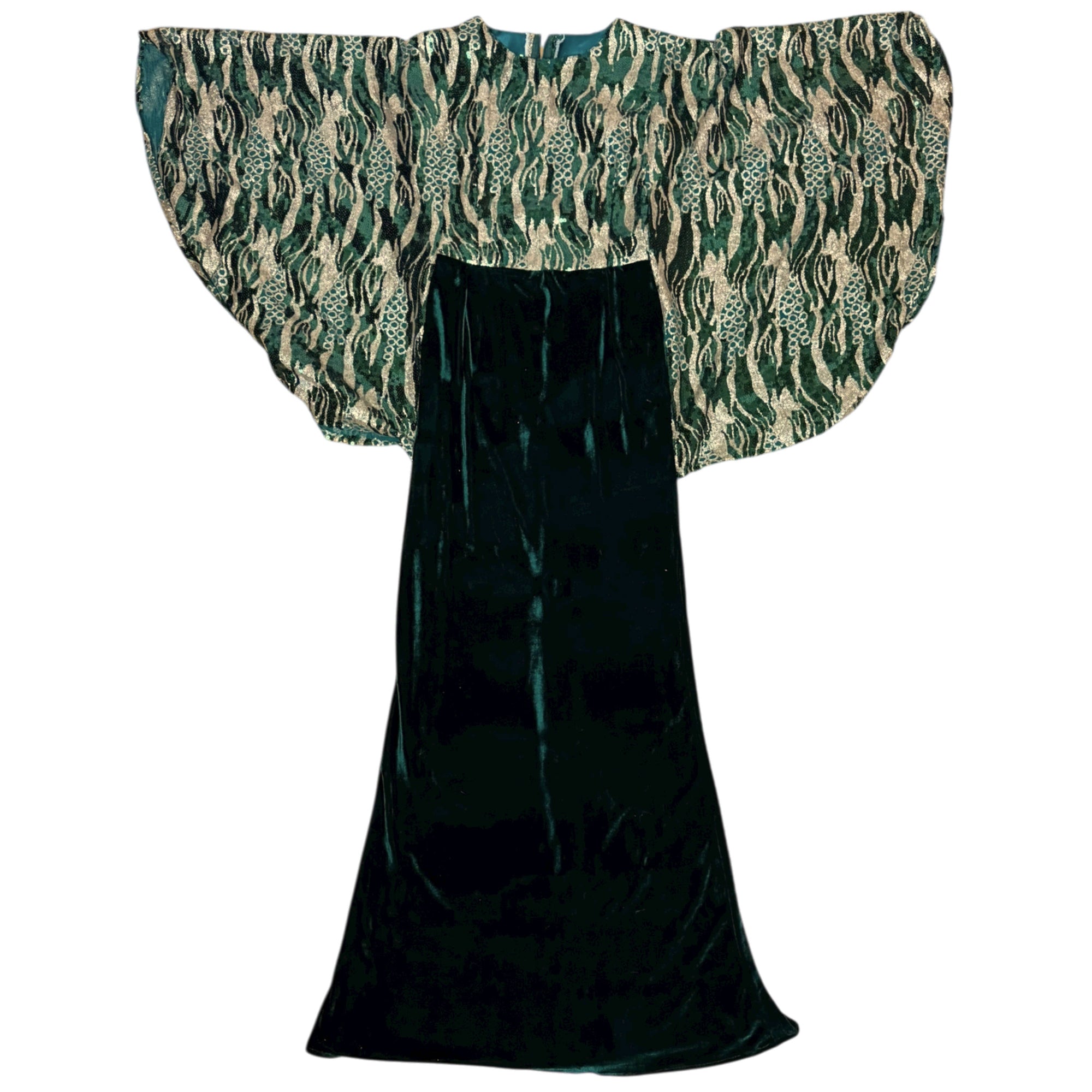 Vintage Evening Dress Green Velvet with Sequinned Bodice and Wing Sleeves Size M