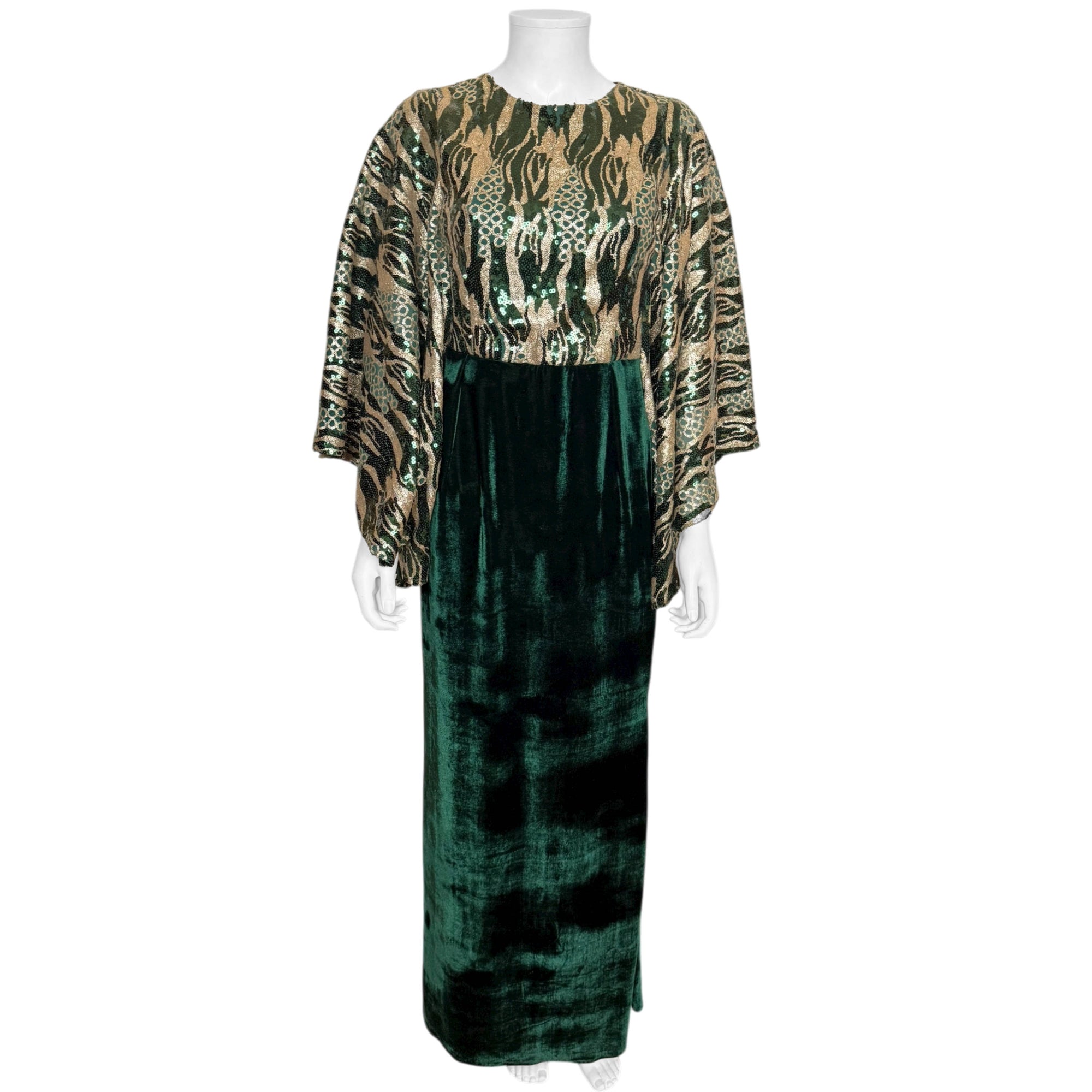 Vintage Evening Dress Green Velvet with Sequinned Bodice and Wing Sleeves Size M