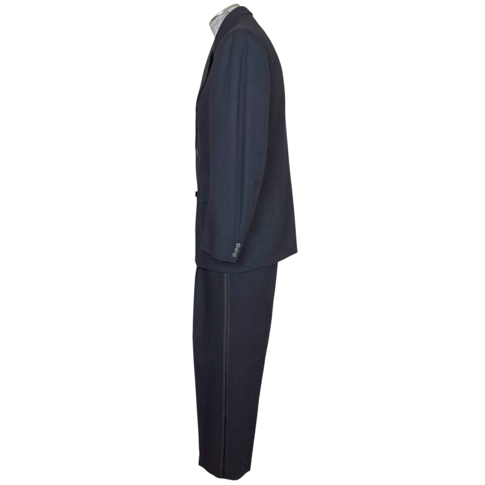 side view of 1940s Shiffer Hillman navy wool tuxedo suit